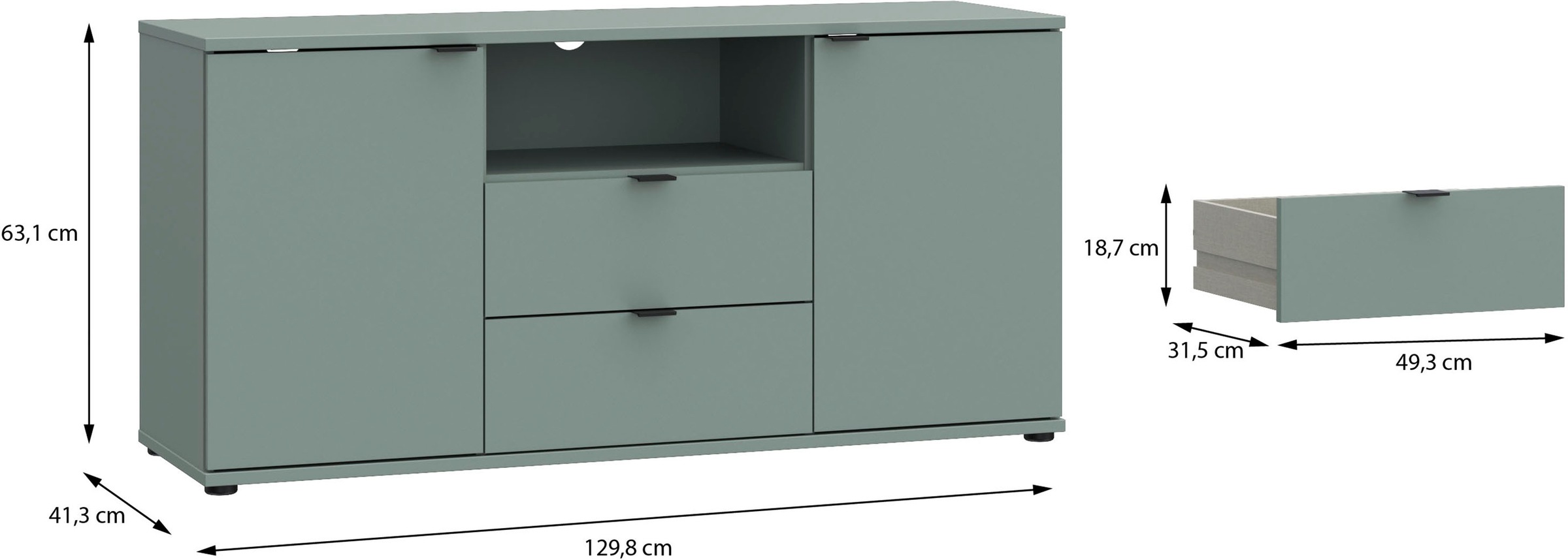 FORTE Lowboard »Ganymede«, (Breite 129,8cm), TV Board, Stauraum, Schublade; Metallgriffe, Kabelführung