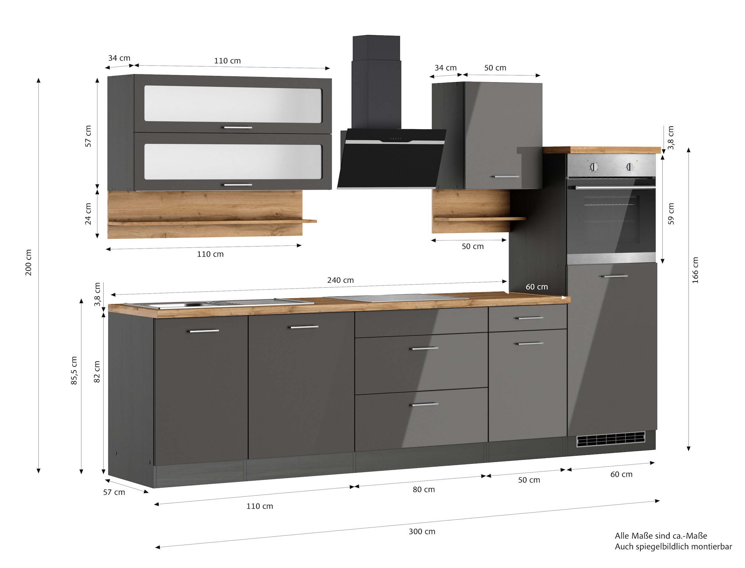 KOCHSTATION Küchenzeile »KS-Milan«, 300 cm breit, robuste Metallauszüge, viel Stauraum