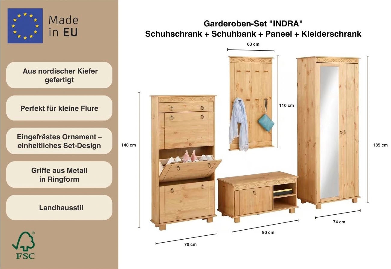 Home affaire Garderoben-Set »Indra«, (Set, 4 St.), 4-tlg. Set: Schuhschrank, Bank, Paneel, Kleiderschrank, Kiefer massiv