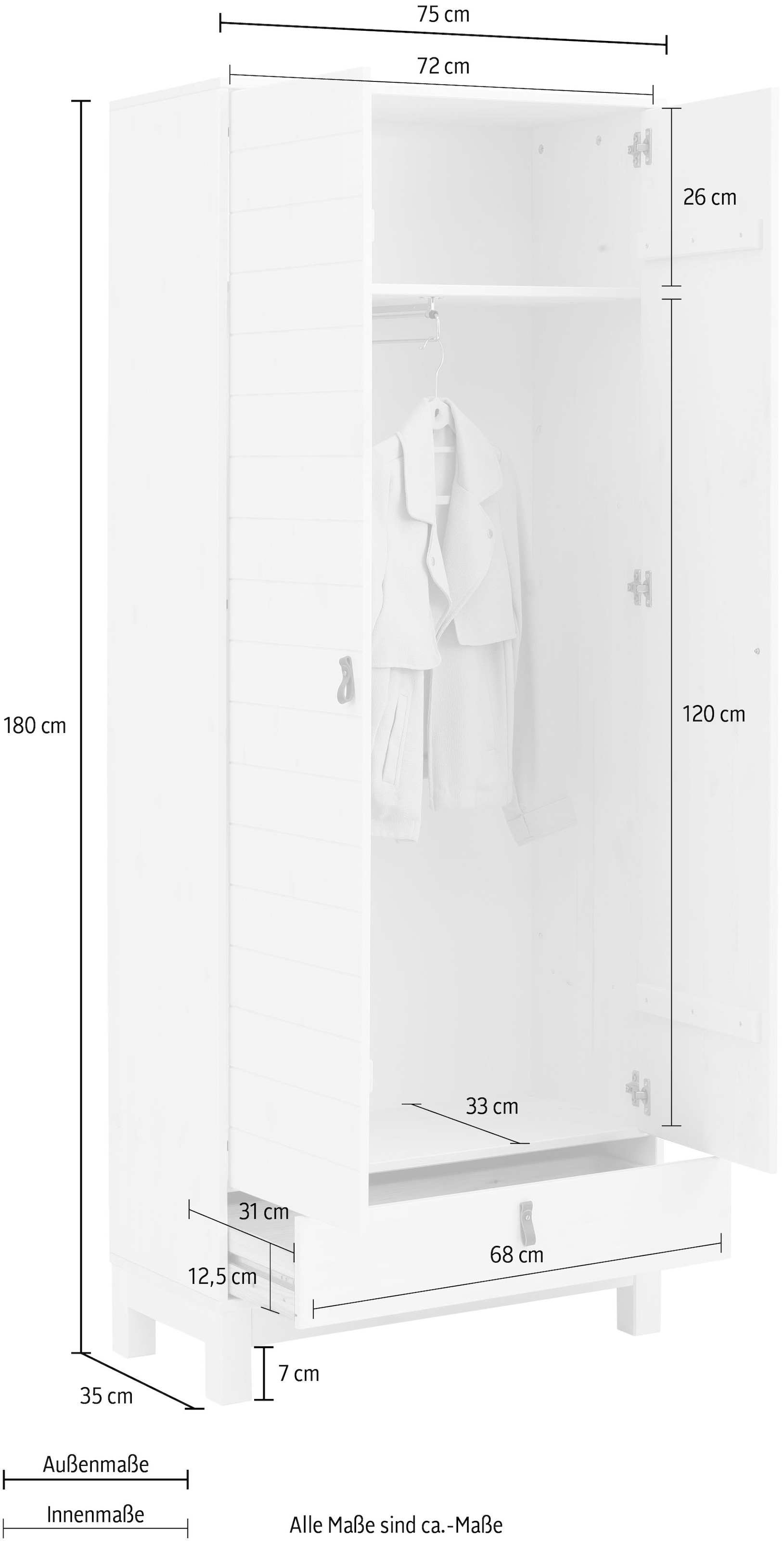Home affaire Garderobenschrank »Ella«, aus massivem Kiefernholz, in  verschiedenen Farbvarianten, Breite 75 cm kaufen | BAUR