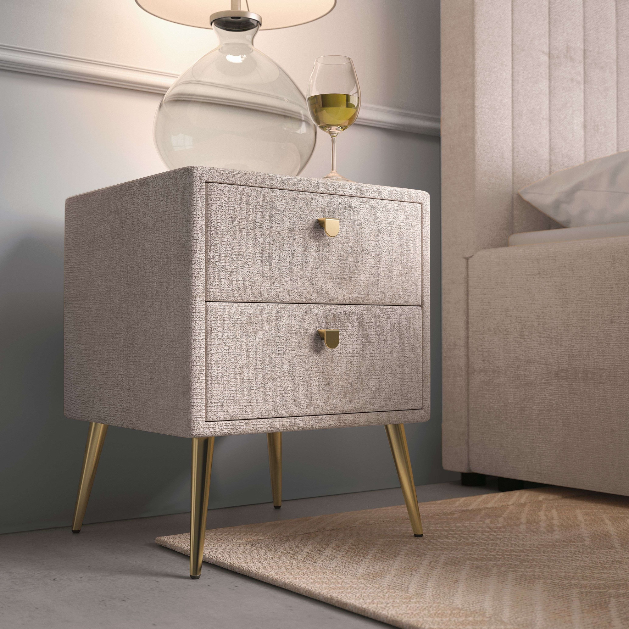 OTTO home Nachtschrank "MOIVREE Polster-Nachtkommode wahlweise mit 2 Schubladen oder Fächer" Nako auf goldenen Beinen, Maße B/T/H: 41/40,5/53,5cm, passend zum Bett