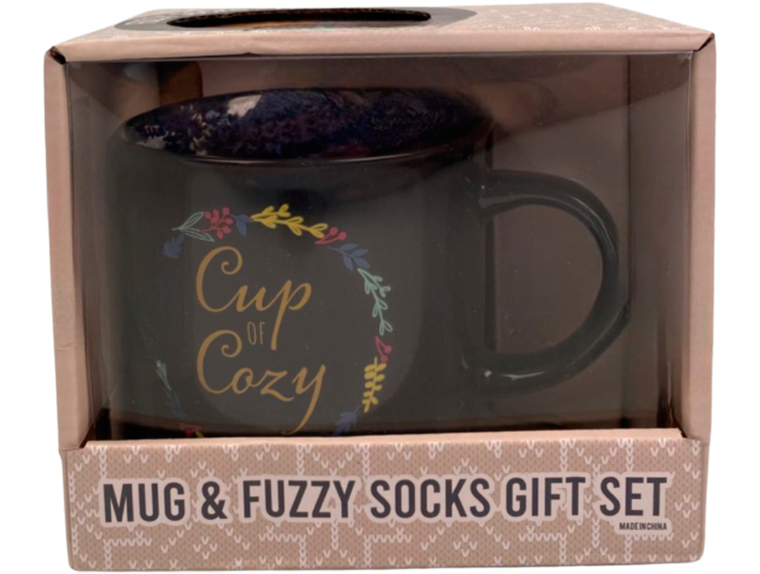 Capelli New York Kuschelsocken, (1 Tasse und 1 Paar Socken), Geschenkset mit gemütlichen Socken und "Cup of Cozy" Tasse mit Blumen