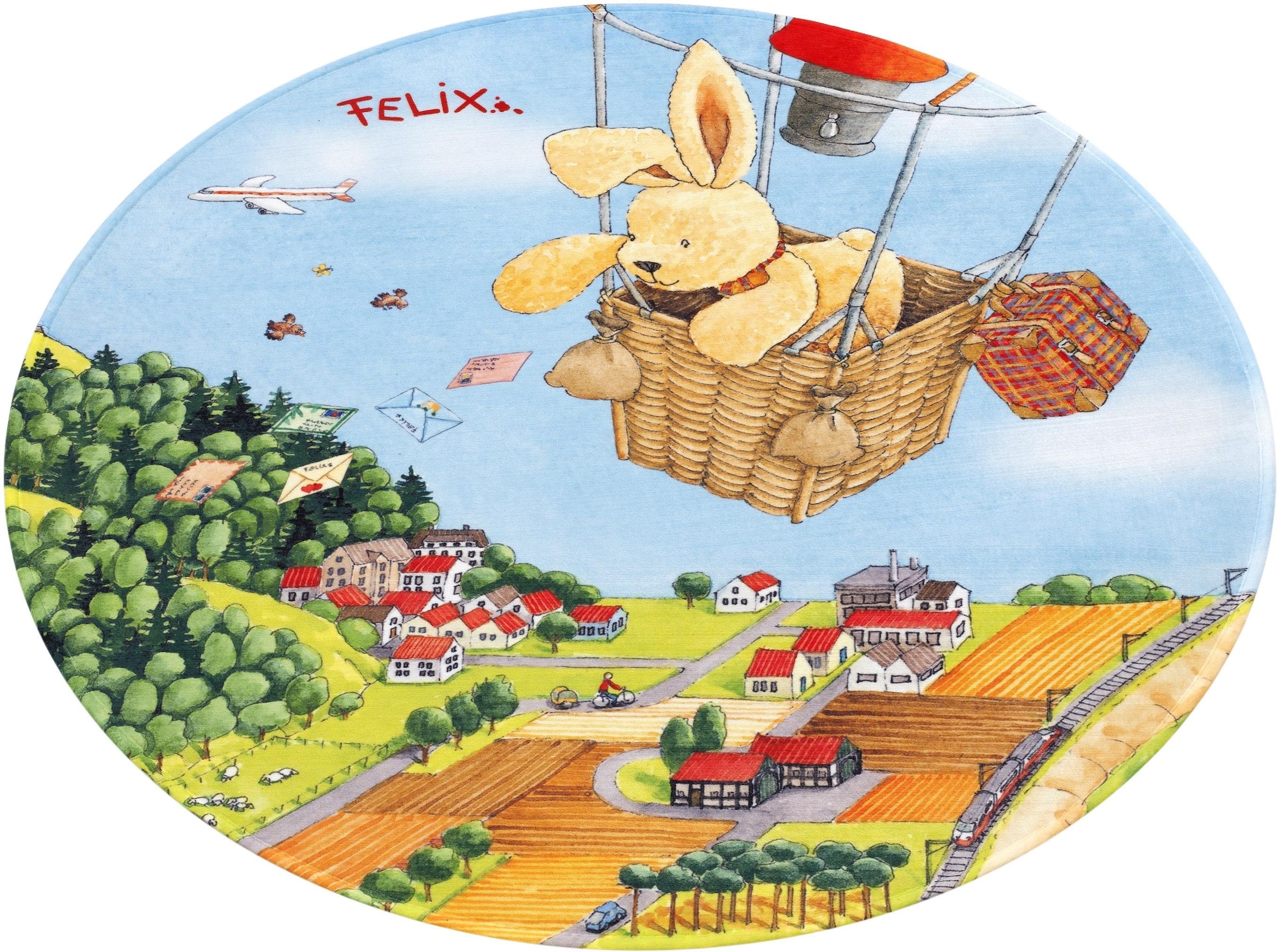Felix der Hase Kinderteppich »FE-415«, rund, 6 mm Höhe, Stoff Druck, Motiv Heißluftballon, weiche Mircofaser, Kinderzimmer