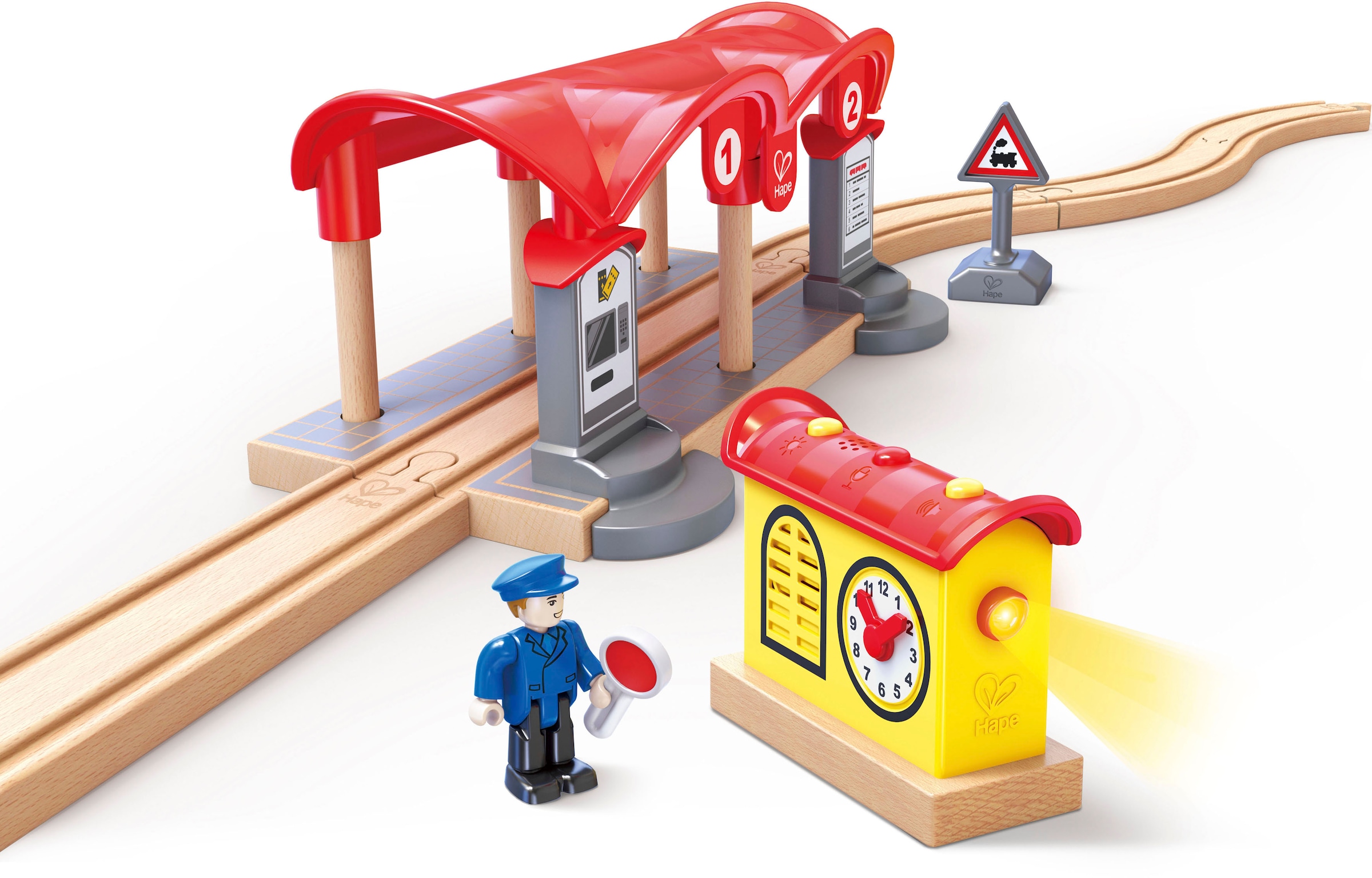 Hape Spielzeugeisenbahn-Gebäude »Bahnhof mit Aufnahmefunktion«, (Set, 5 tlg.), aus Holz