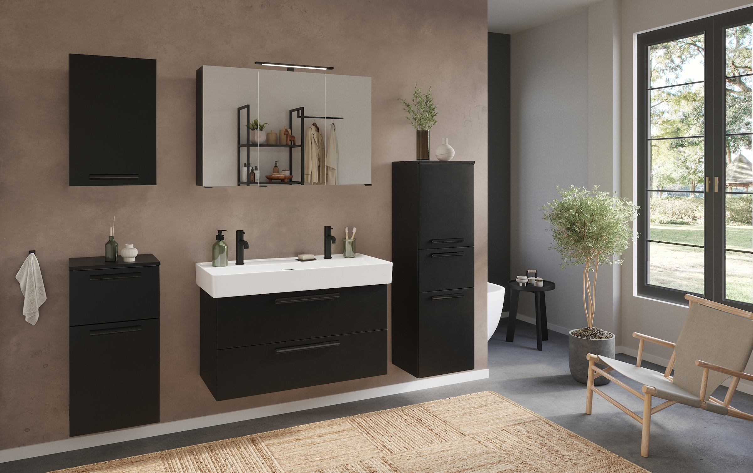 welltime Hängeschrank »SALVADA, Hängeschrank 40 cm, gedämpfte Scharniere«, Schwarz, Front und Korpus aus hochwertigen MDF, Anti-Finger-Print