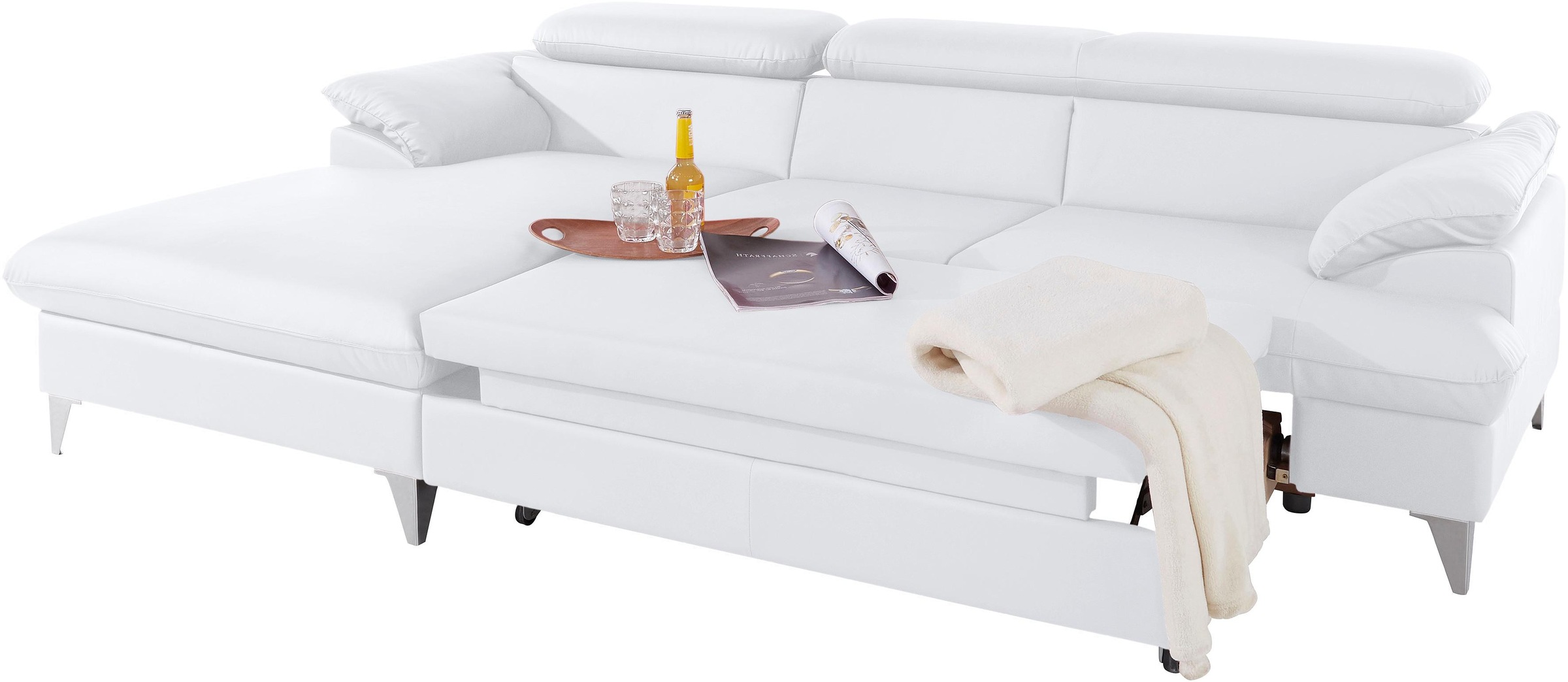 Ecksofa COTTA "Caluso L-Form", weiß (altweiß), B:254cm H:74cm T:167cm, NaturLEDER (echtes Rindsleder) in Sitz und Rücken. Korpus in passendem Kunstleder SOFTLUX bezogen;Microfaser PRIMABELLE (100% Polyester);Kunstleder SOFTLUX, Sofas, Ecksofa, mit Kopftei 8