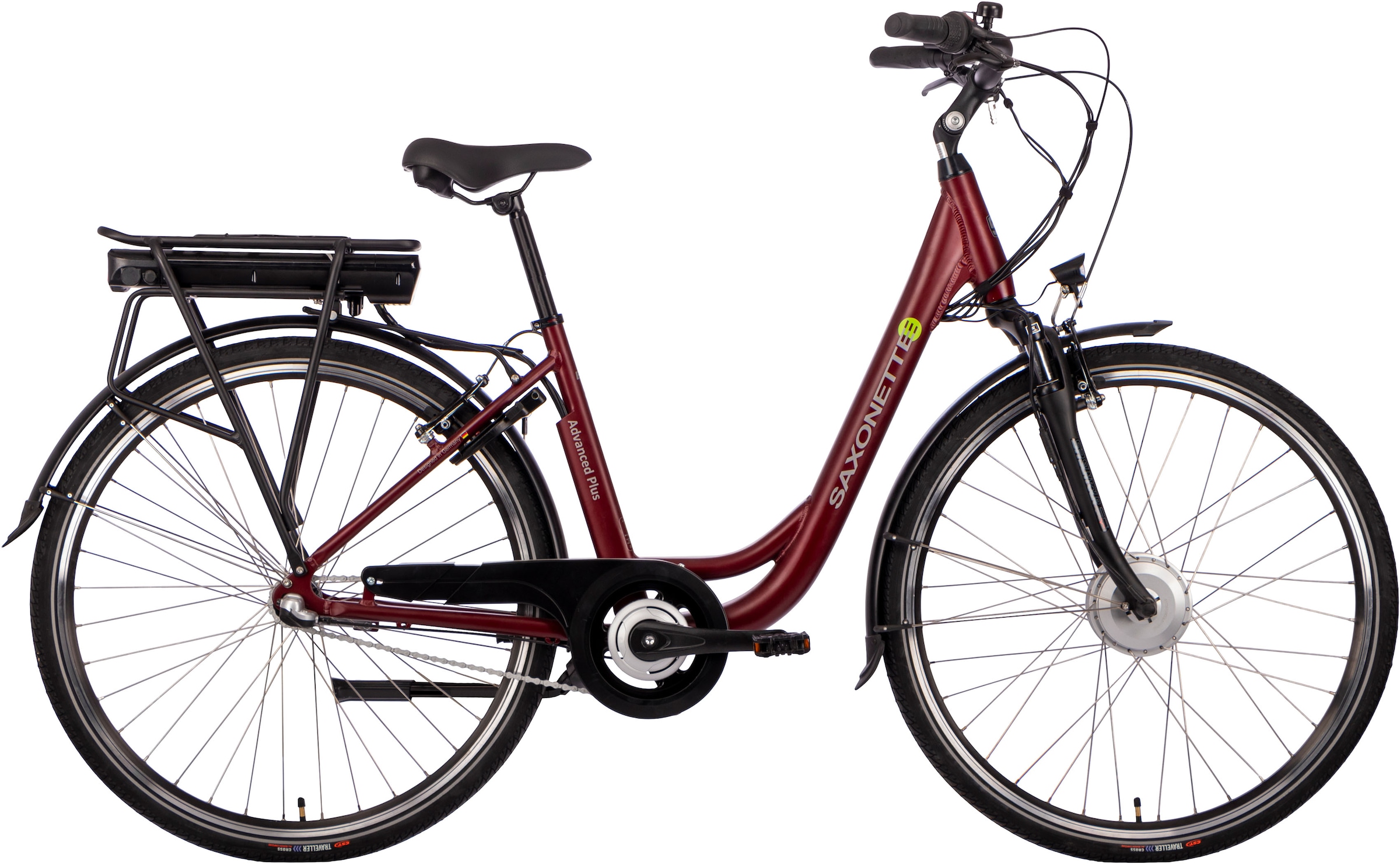 SAXONETTE E-Bike »Advanced Plus«, 3 Gang, Frontmotor 250 W, (mit Akku-Ladegerät), Damen E-Bike Cityrad, Rücktrittbremse, integr. Rahmenschloss, Pedelec