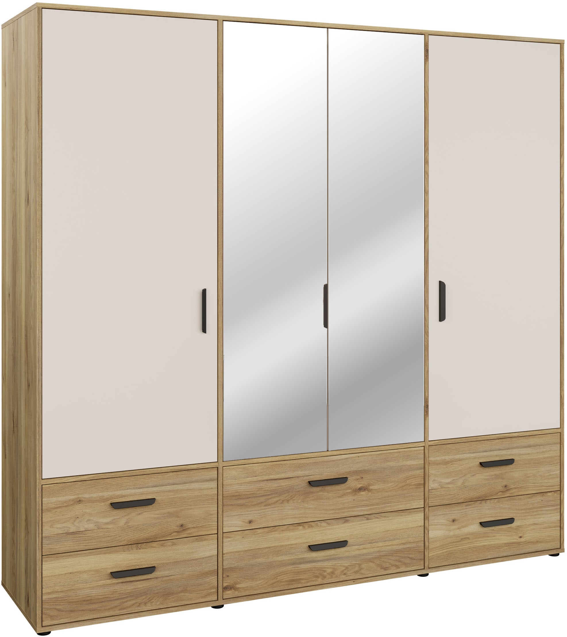 FORTE Drehtürenschrank "Schrank mit Spiegel, zeitloses Design, 4türig" viel Stauraum, Schubladen, Spiegeltürenm Höhe 200 cm