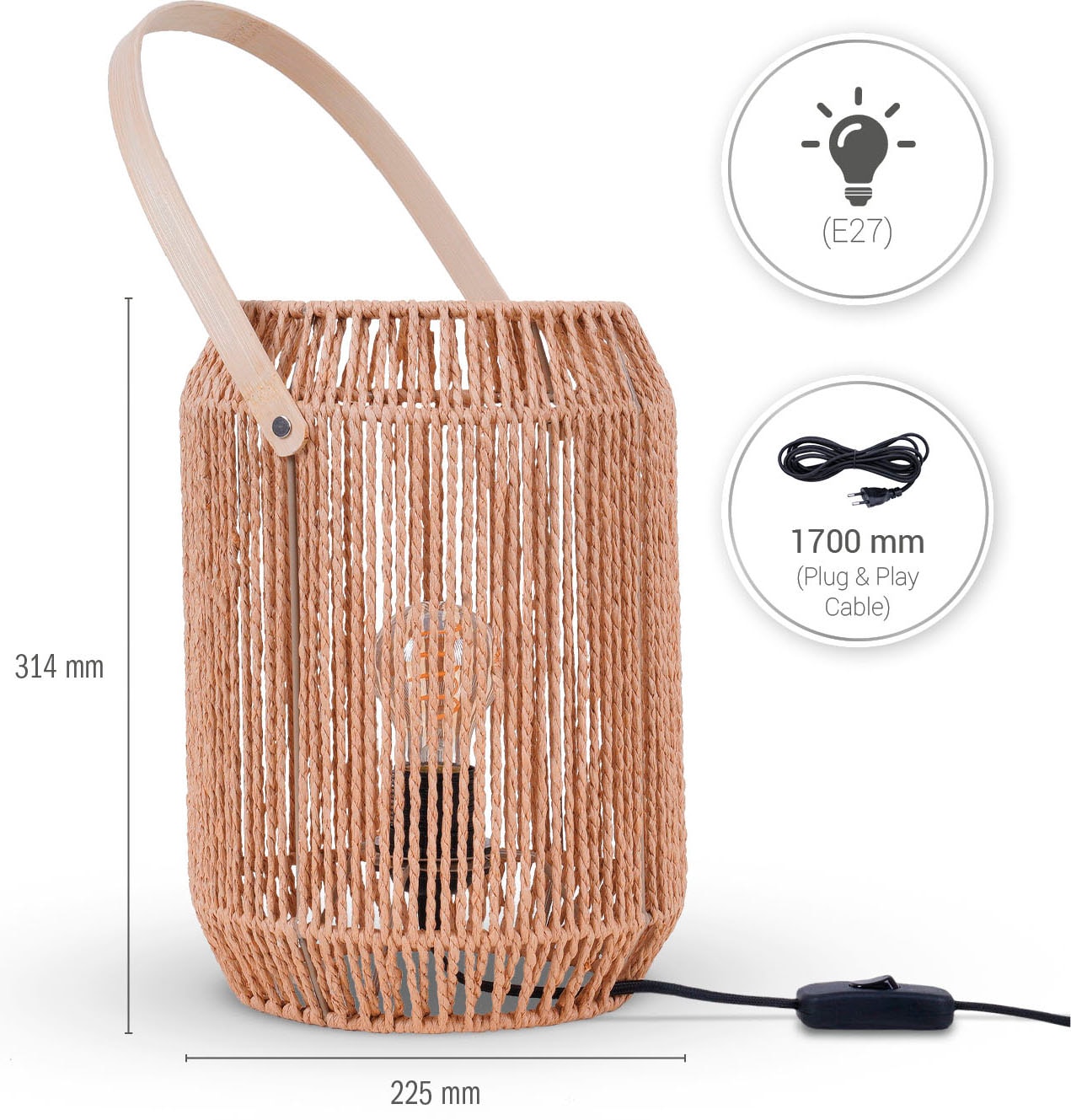 Paco Home Tischleuchte »NANDO« E27 Tischlampe Schreibtischlampe Beistelltisch Lampenschirm Boho Korb E27