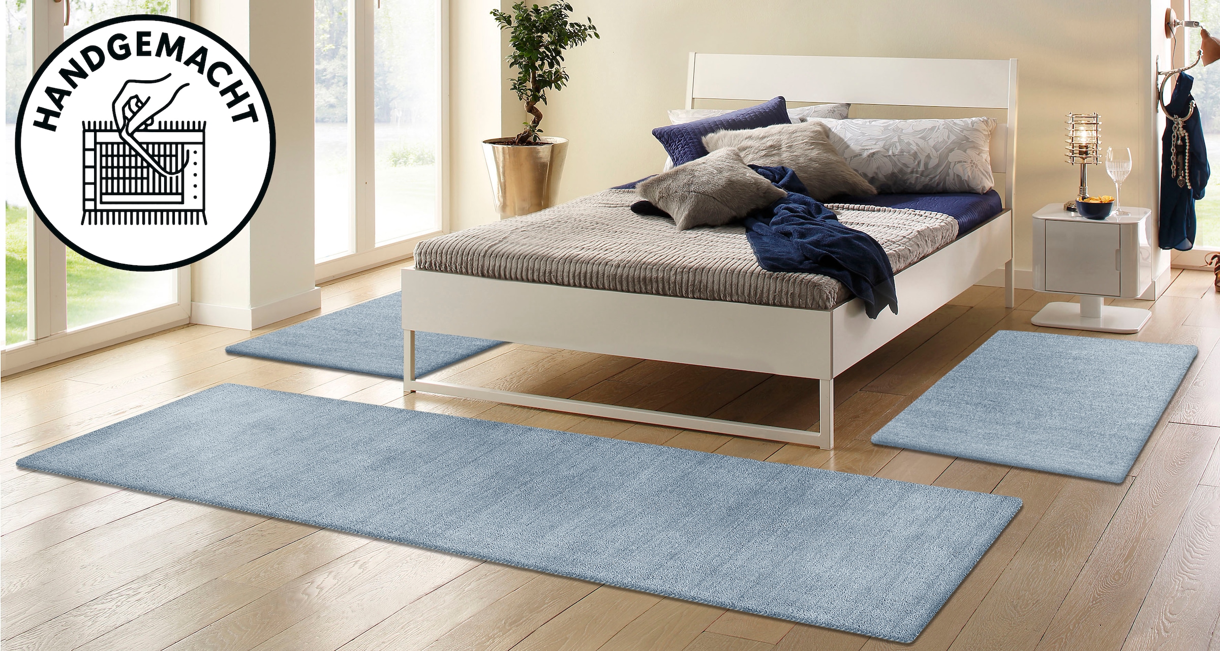 THEKO Bettumrandung »Gabbeh Uni, Handweb Teppich, meliert, reine Wolle« Höhe 14 mm 3 Stk. tlg. Bettvorleger, Uni-Farben, handgewebt, Läufer-Set, Schlafzimmer