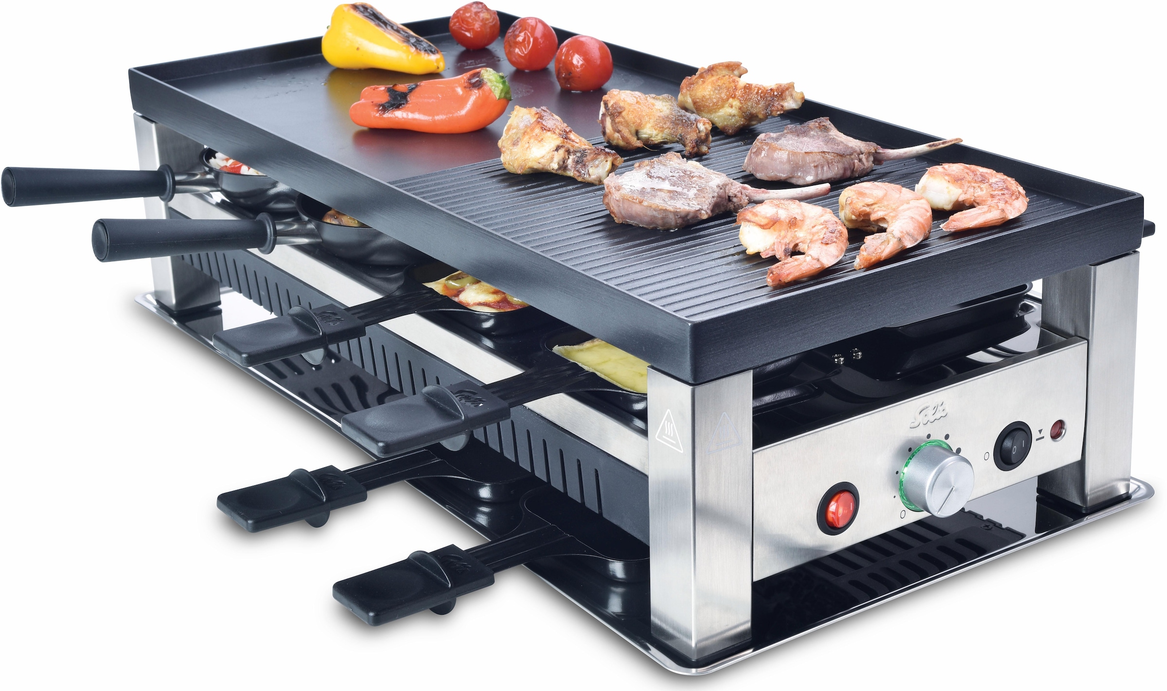 SOLIS OF SWITZERLAND Raclette »Typ 791«, 8 St. Raclettepfännchen, 1400 W, 5in1: Raclette, Tischgrill, Crépe, Mini Wok, Pizza