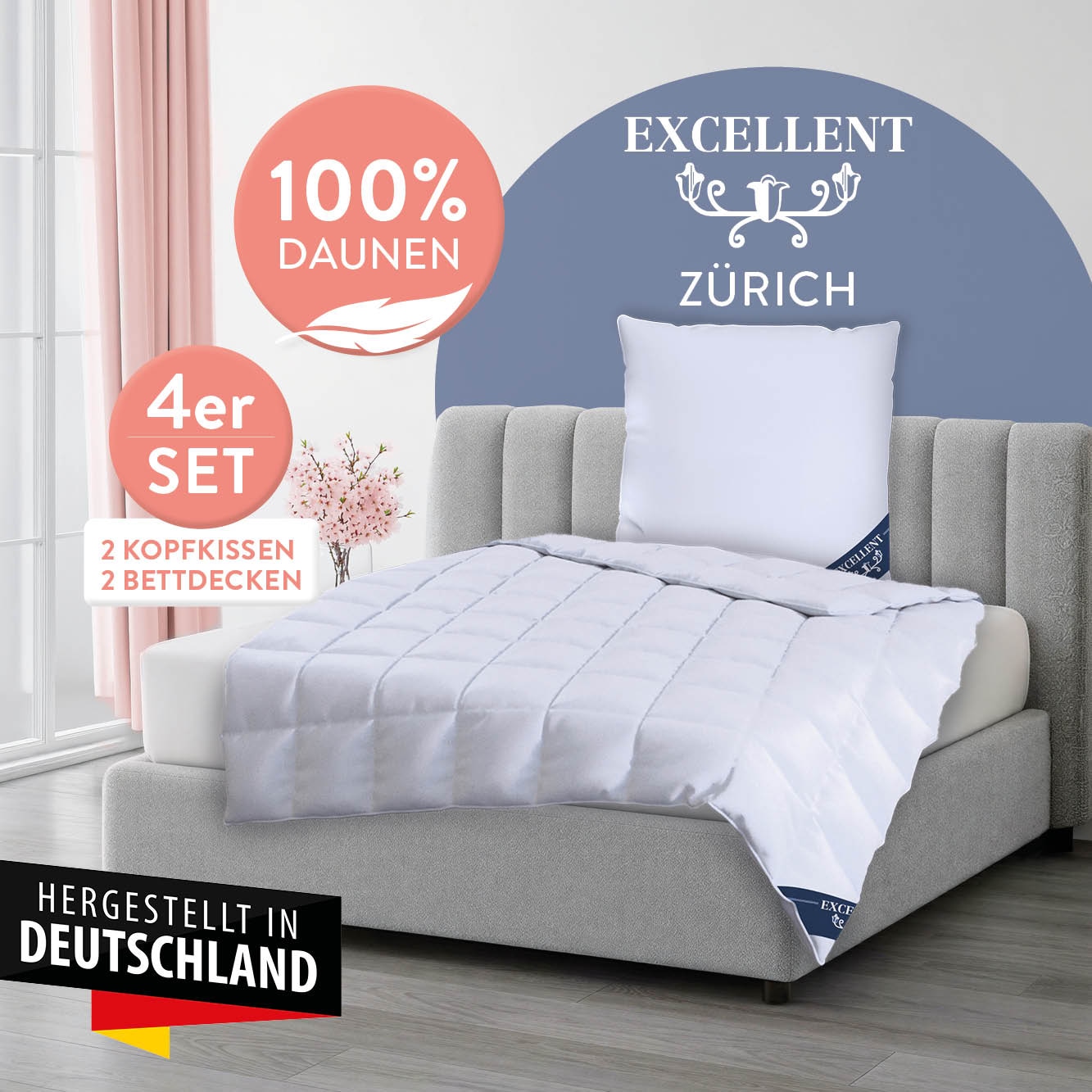 Excellent Daunenbettdecke + Federkissen »Zürich, Bettdecke normal mit Bestnote "Hoher Schlafkomfort" bewertet.« 4-tlg.Set 2x135x200 & 155x220 cm & 2xKissen 80x80 cm