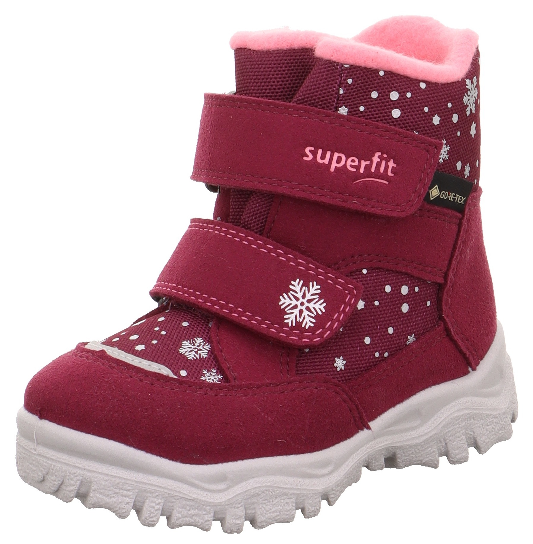 Winterboots SUPERFIT "HUSKY1 WMS: mittel", Mädchen, Gr. 24, rot (dunkelrot, rosa schneeflocken), Textil, Schuhe Winterboots, Snowboots mit wasserdichtem GORE TEX, Größenschablone zum Download