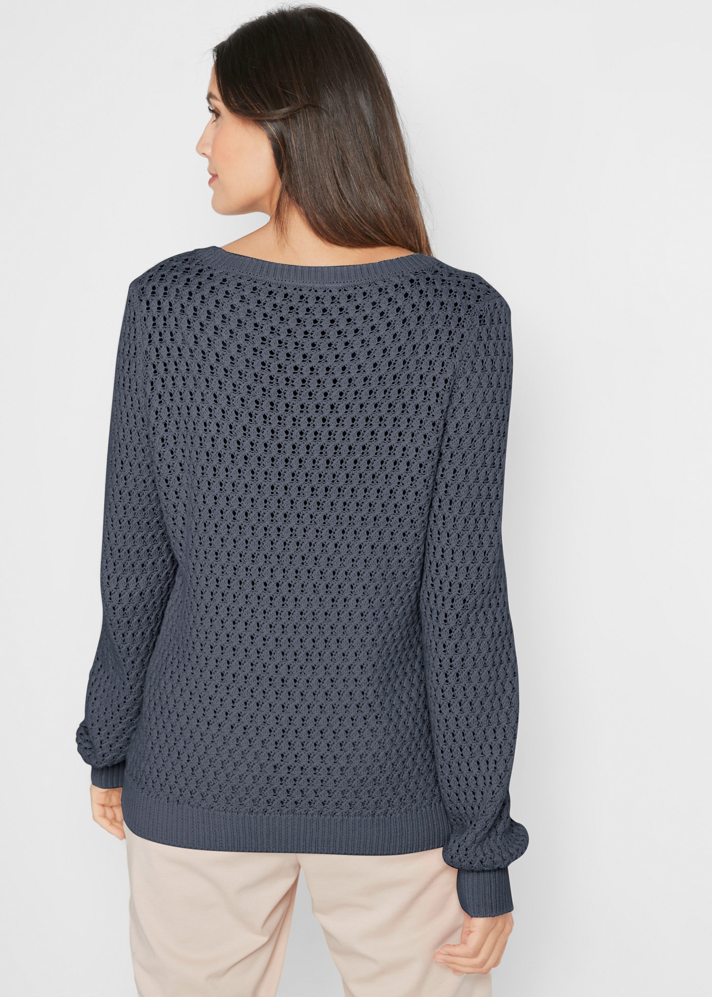 Strickpullover BONPRIX, Damen, Gr. 40/42 (M), nachtblau, Strick, Obermaterial: 50% Baumwolle, 50% Polyacryl, unifarben, figurumspielend hüftbedeckend, Rundhals, Strickbündchen, Pullover Strickpullover, Strukturstrick mit hohem Baumwollanteil, mit Rundhals 2