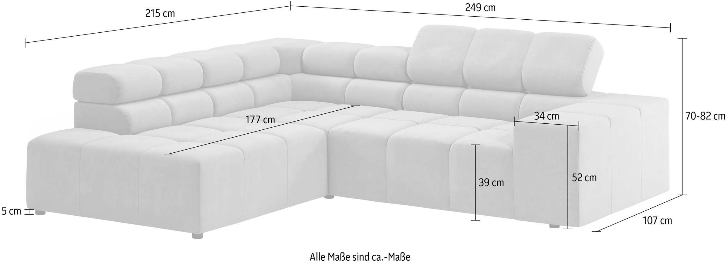 INOSIGN Ecksofa »Ancona, incl. Kopfteilverstellung + 3 Zierkissen L-Form,«, wahlweise motorische Sitztiefenverstellung, B/T(H: 249/215/70 cm