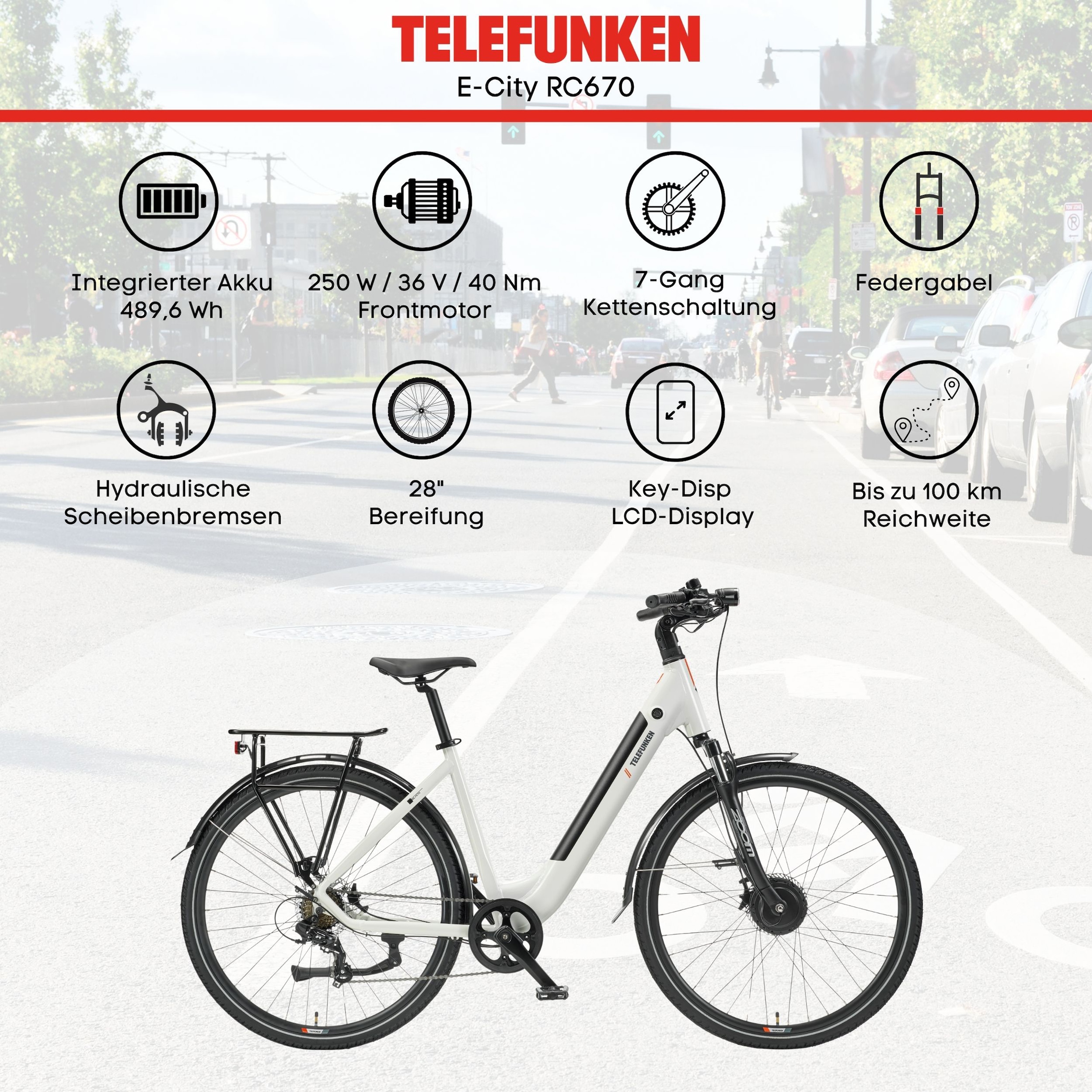 Telefunken »Multitalent RC670« 7 Gang Shimano TY300D Schaltwerk Kettenschaltung Frontmotor 250 W Pedelec, Elektrofahrrad, Damen u. Herren, Scheibenbremsen, 28 Zoll