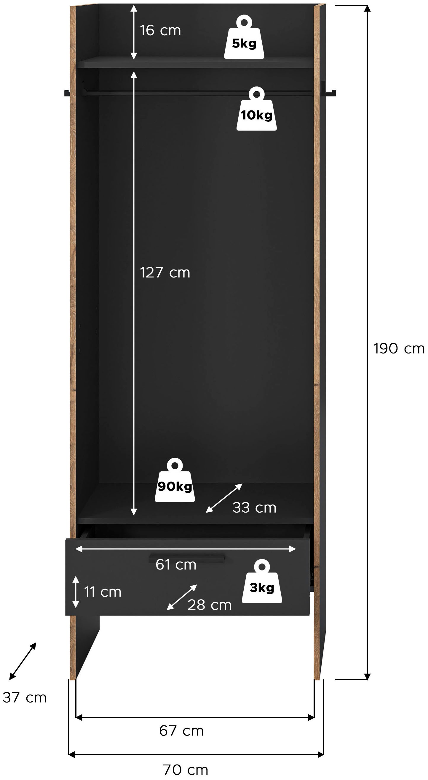 INOSIGN Garderobenschrank »MUSTA, Breite: 70cm, inkl. Kleiderstange, 2 Haken, 1 Schubkasten«, Dielenschrank, Flurschrank, Schrank, Universalschrank, Sitzbank