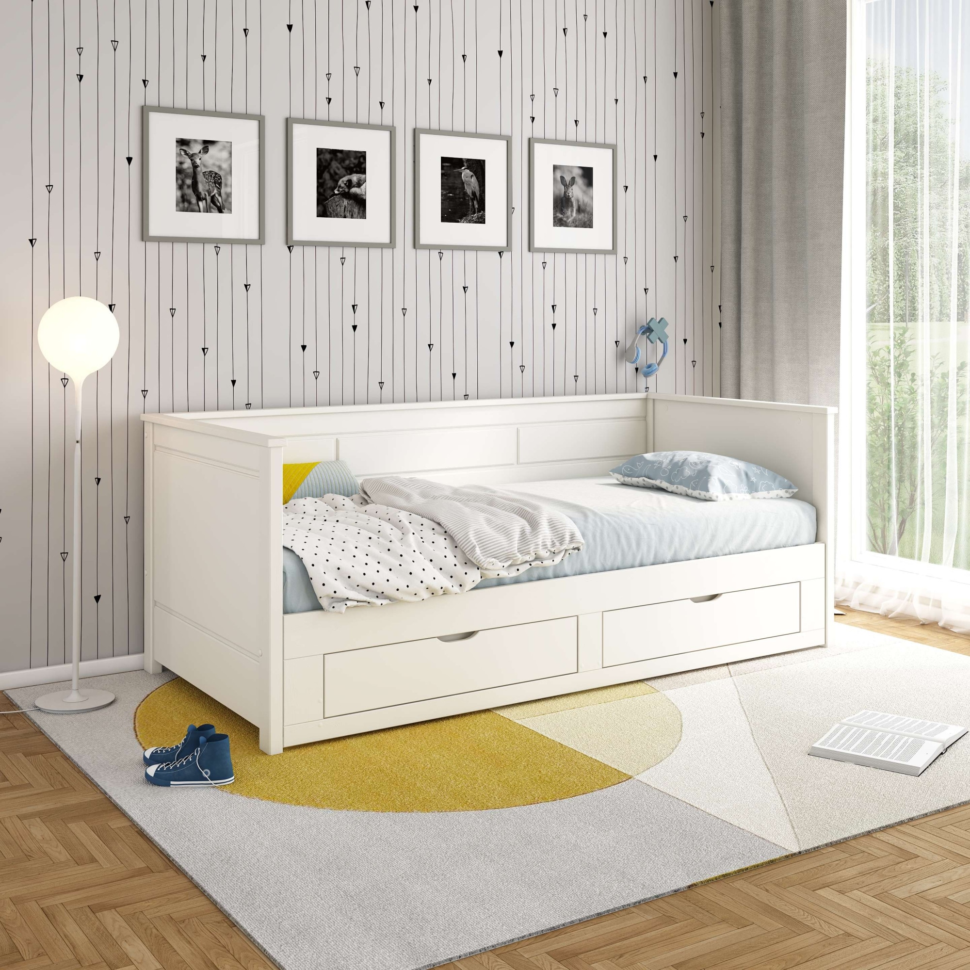 Home affaire Ausziehbett »Leorben, OTTOs Choice, Daybed, Jugendbett, Landhausstil, Massivholz«, (B/H/T ca. Liegefläche von 90cm auf 180cm ausziehbar 100x82x210cm), Liegefläche ausziehbar, 2 Schubladen, inkl. Lattenroste, Stauraumbett