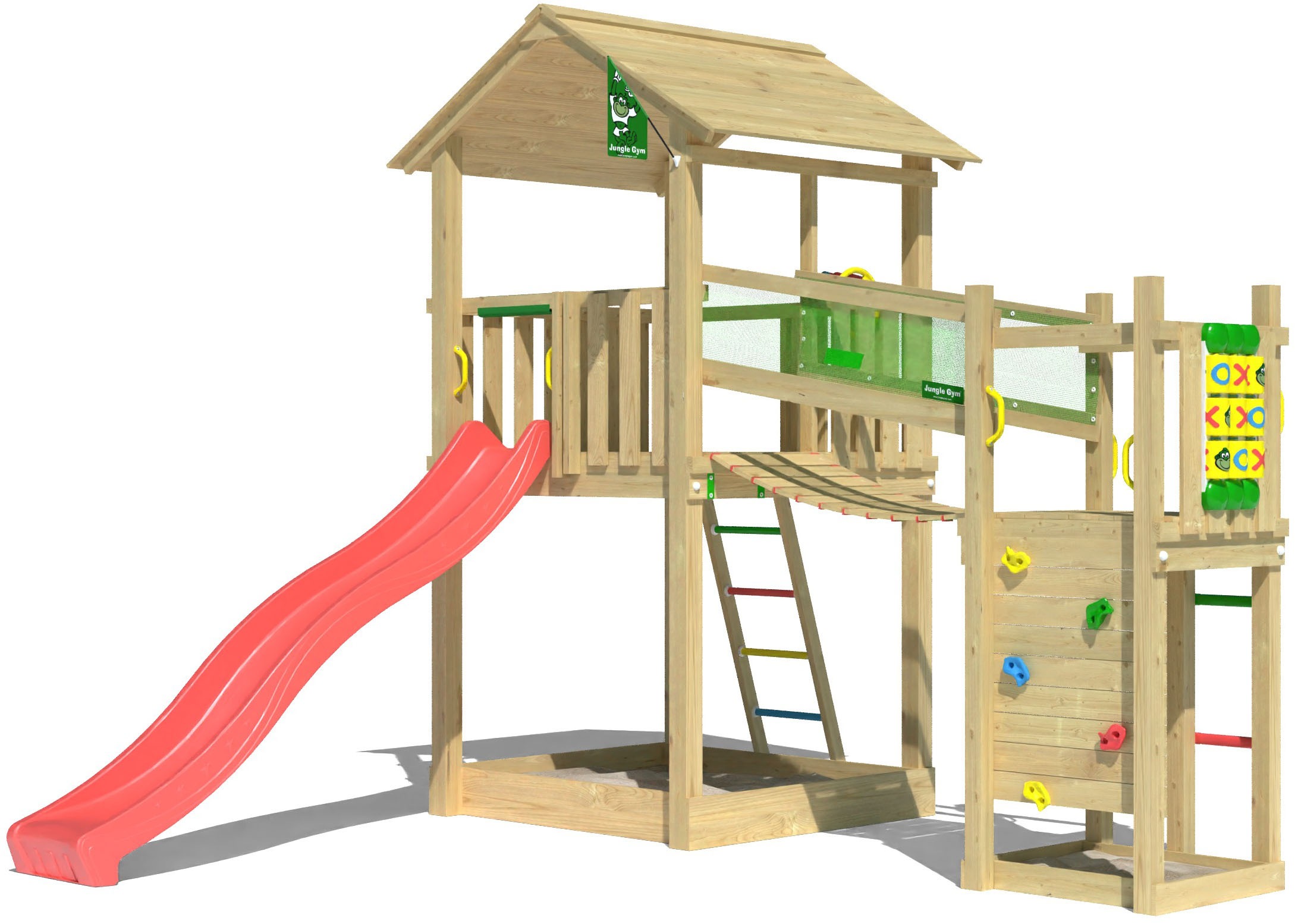 Spielturm JUNGLE GYM "Fortress", rot, Spieltürme, KinderB:373cm H:318cm T:397cm, Holzwerkstoff, Spielanlage mit 2 Türmen, Brücke und Rutsche mit