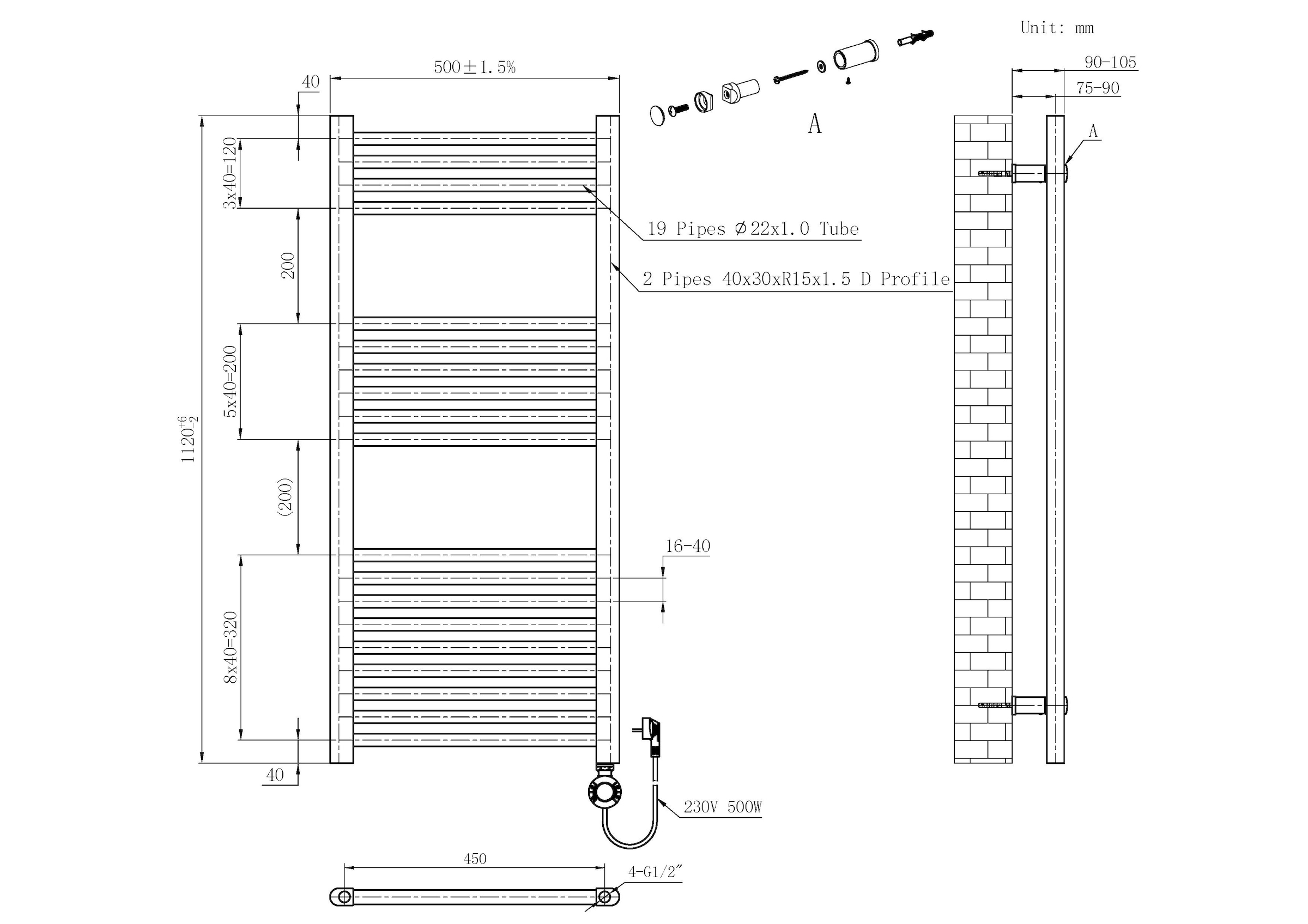 Sanotechnik Badheizkörper »E-Bozen 50x112cm« elektrisch, 500W