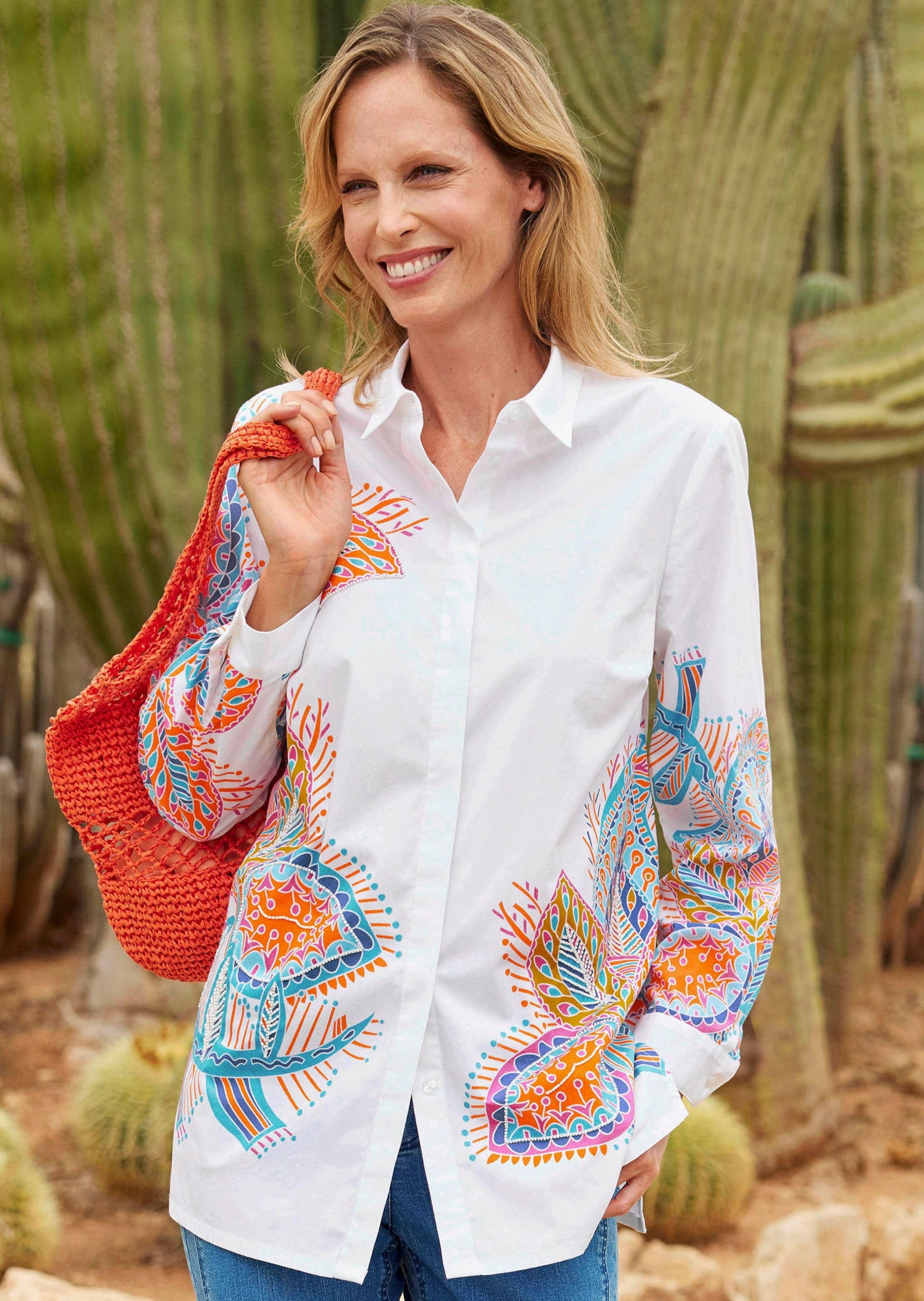 GOLDNER Kurzarmbluse »Kurzgröße Elegante Langarmbluse mit Print«