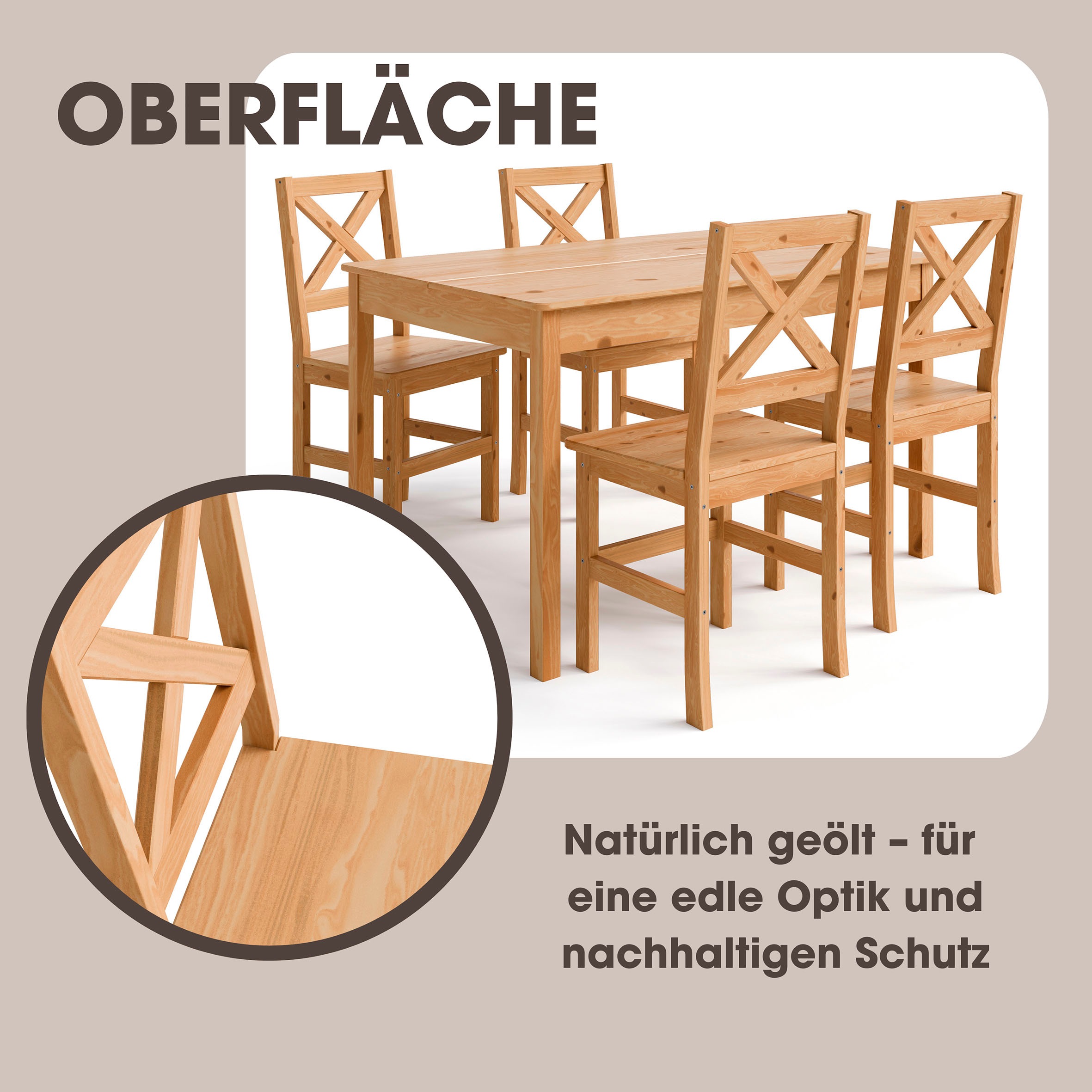 Home affaire Essgruppe »Malmö«, (Set, 5 tlg.), bestehend aus Tisch und Stühlen in Kiefer Massivholz naturfarbig