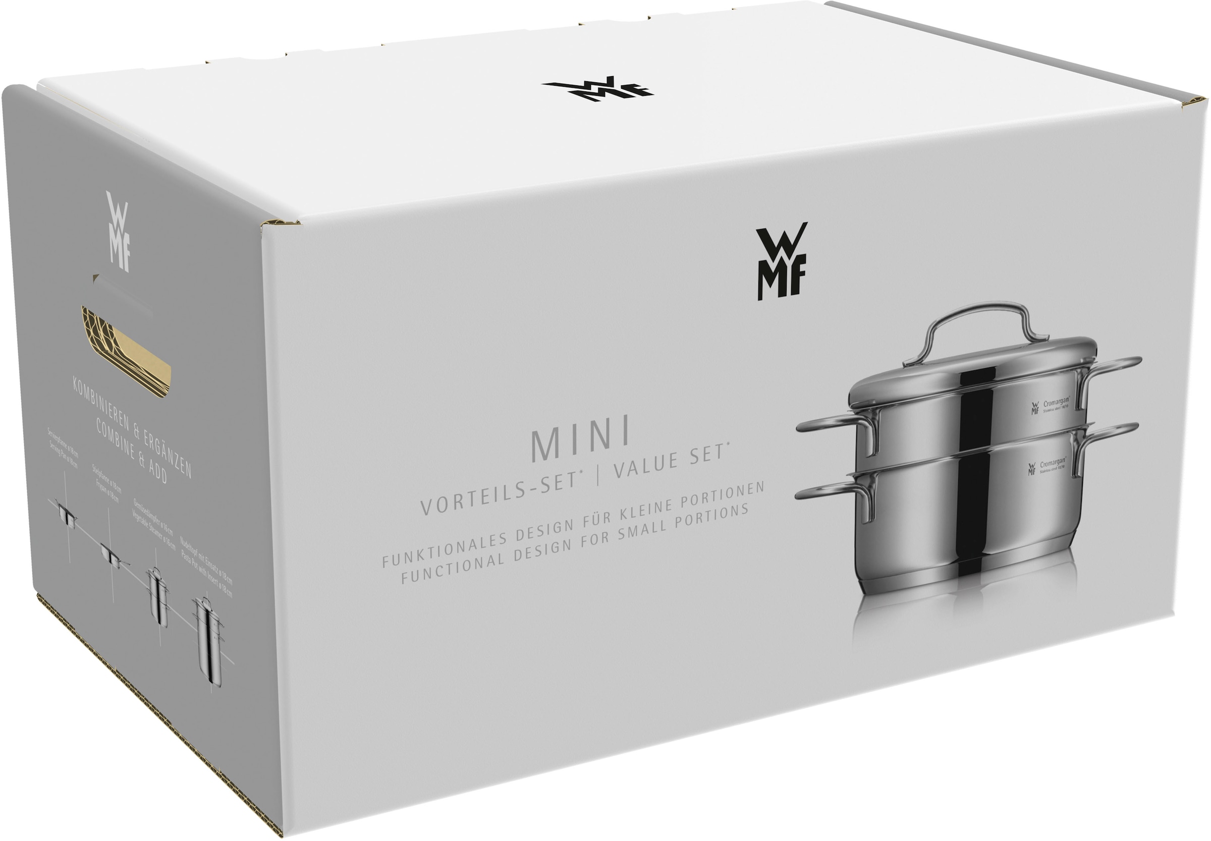 WMF Topf-Set »Mini«, Cromargan® Edelstahl Rostfrei 18/10, (Set, 9 tlg.), hochwertige Edelstahldeckel, platzsparende Aufbewahrung, Schüttrand