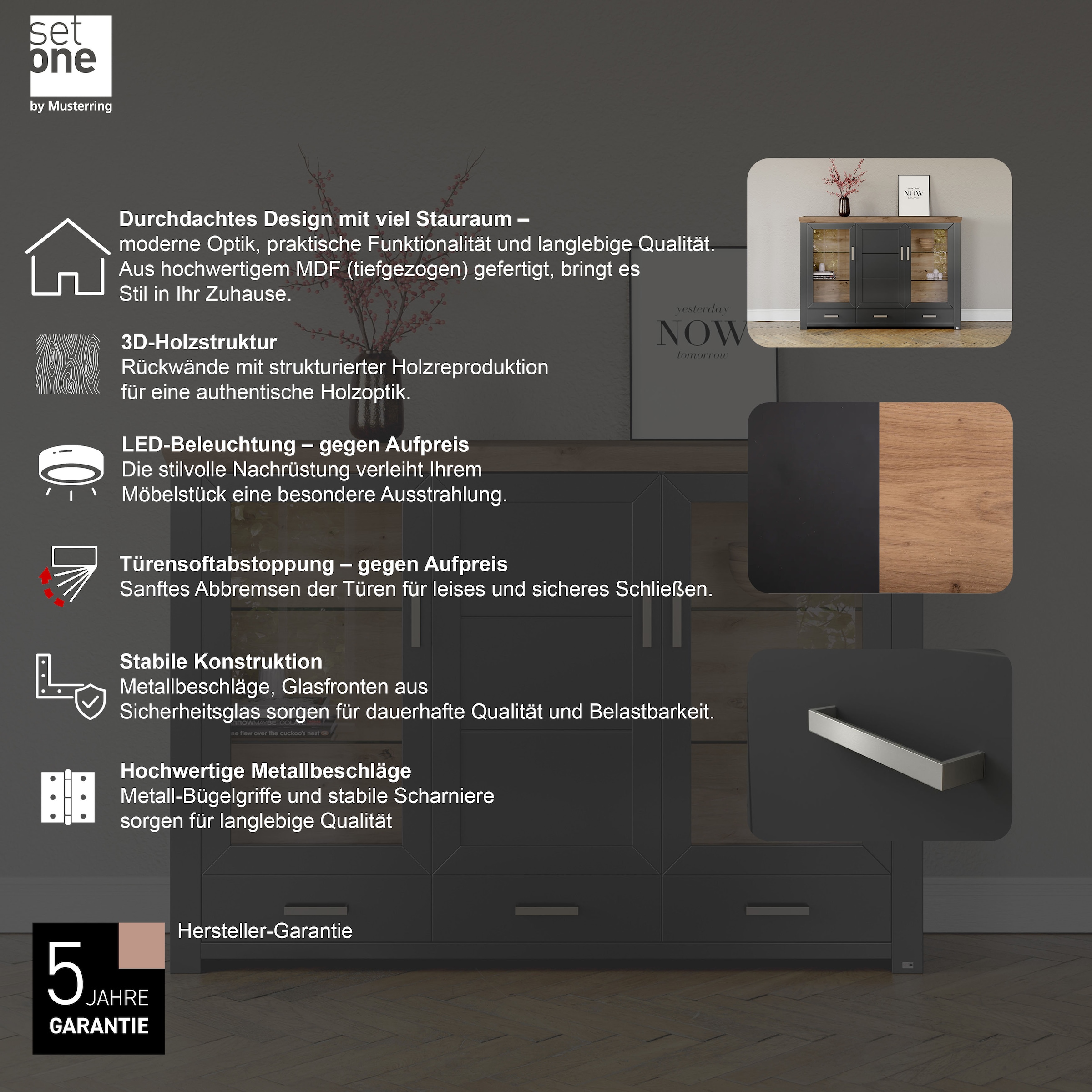 set one by Musterring Highboard »York«, Typ 57, mit Glastüren, viel Stauraum, Beleuchtung optional, B 184 cm