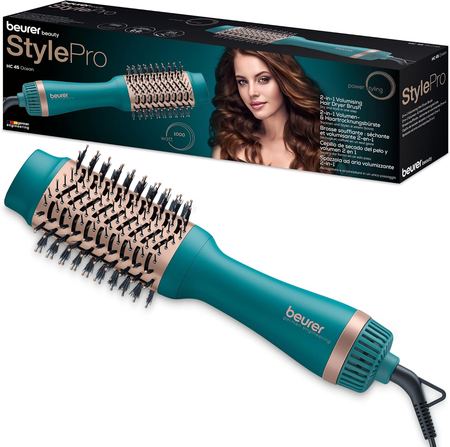 BEURER Warmluftbürste "HC 45 Ocean" 2-in-1 Volumen-& Haartrocknungsbürste, Keramik-Keratin Beschichtung