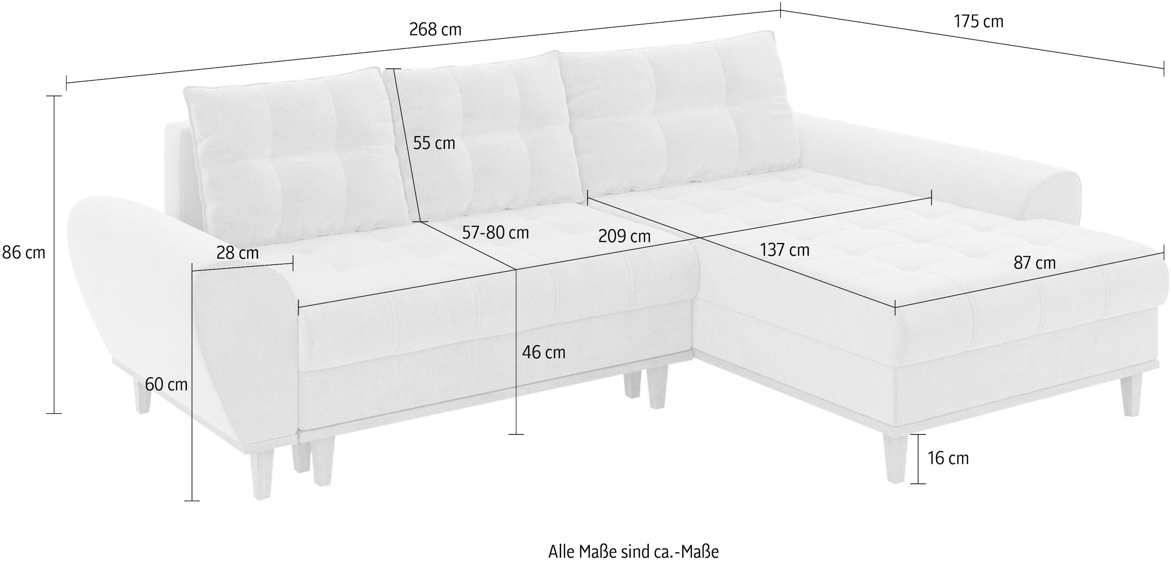 Home affaire Ecksofa »Ahrdorf mit Bettfunktion und Bettkasten, Maße: B/H/T 268/86/175 cm«, L-Form mit 3 Rückenkissen und moderne gerundete Armlehnen