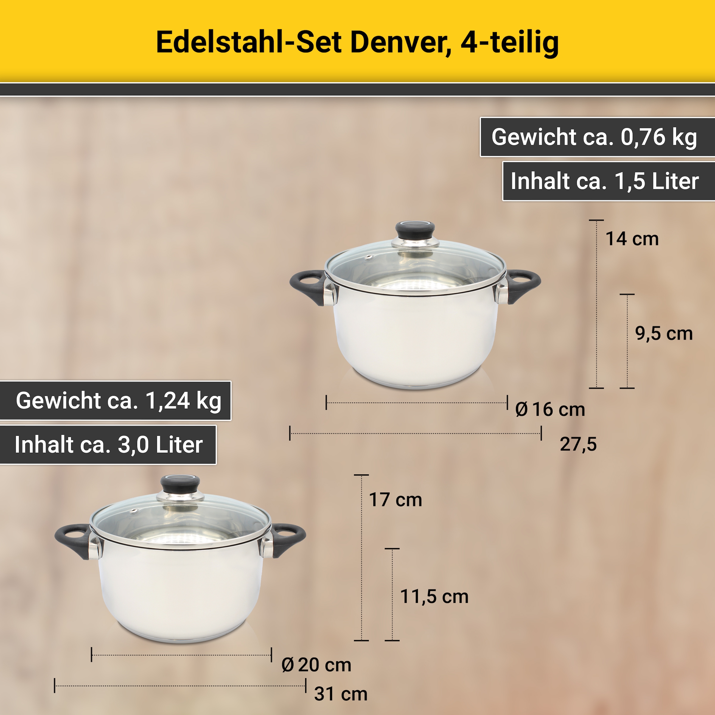 Krüger Topf-Set »Denver«, Edelstahl, (Set, 7 tlg.), für Induktions-Kochfelder geeignet