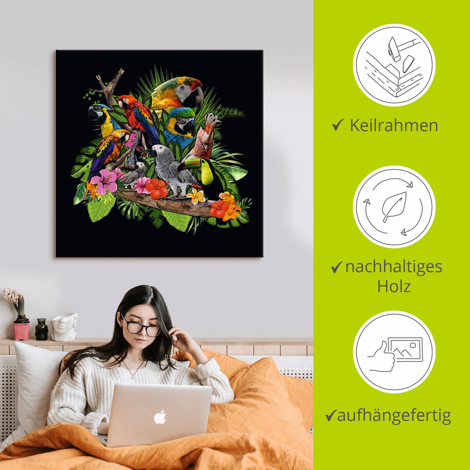 Artland Wandbild »Papageien Graupapagei Kakadu Dschungel« Vögel 1 Stk. tlg. als Alubild, Outdoorbild, Leinwandbild, Poster, Wandaufkleber