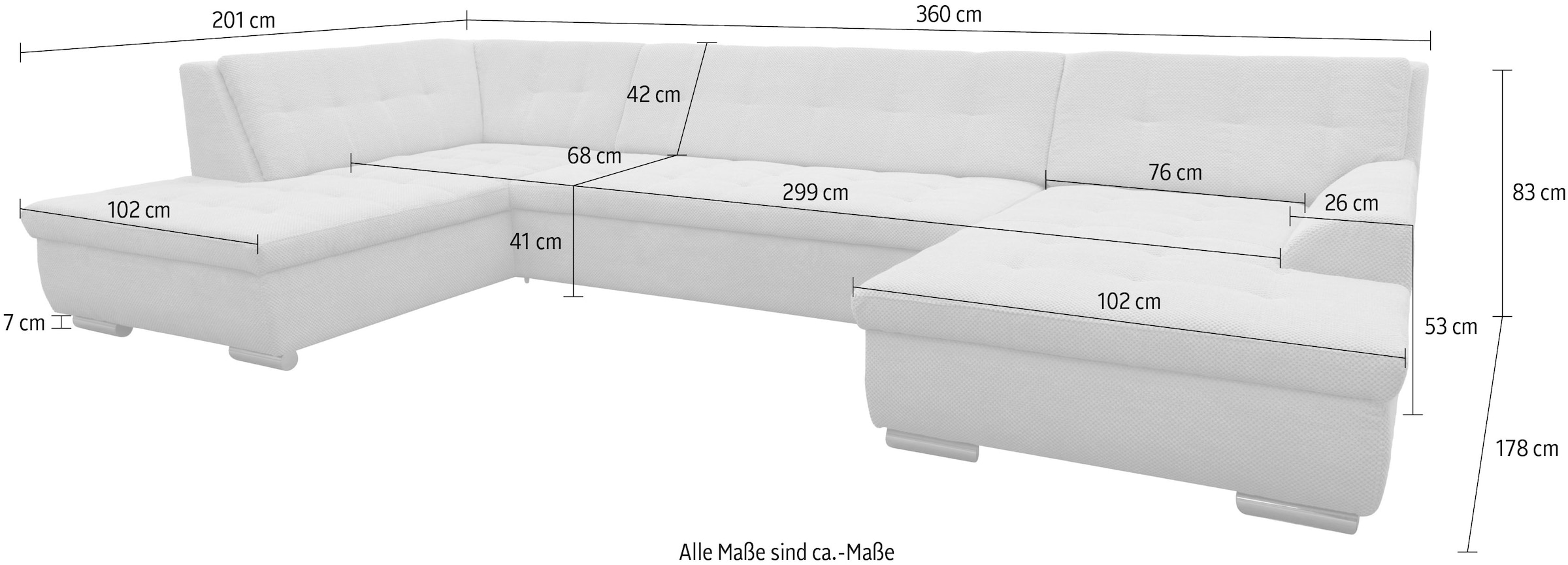 OTTO home Wohnlandschaft »Torrnby 360 x 201 cm, mit Steppungen, modern & stabil« U-Form, aus pflegeleichtem, weichem Luxus-Microfaser