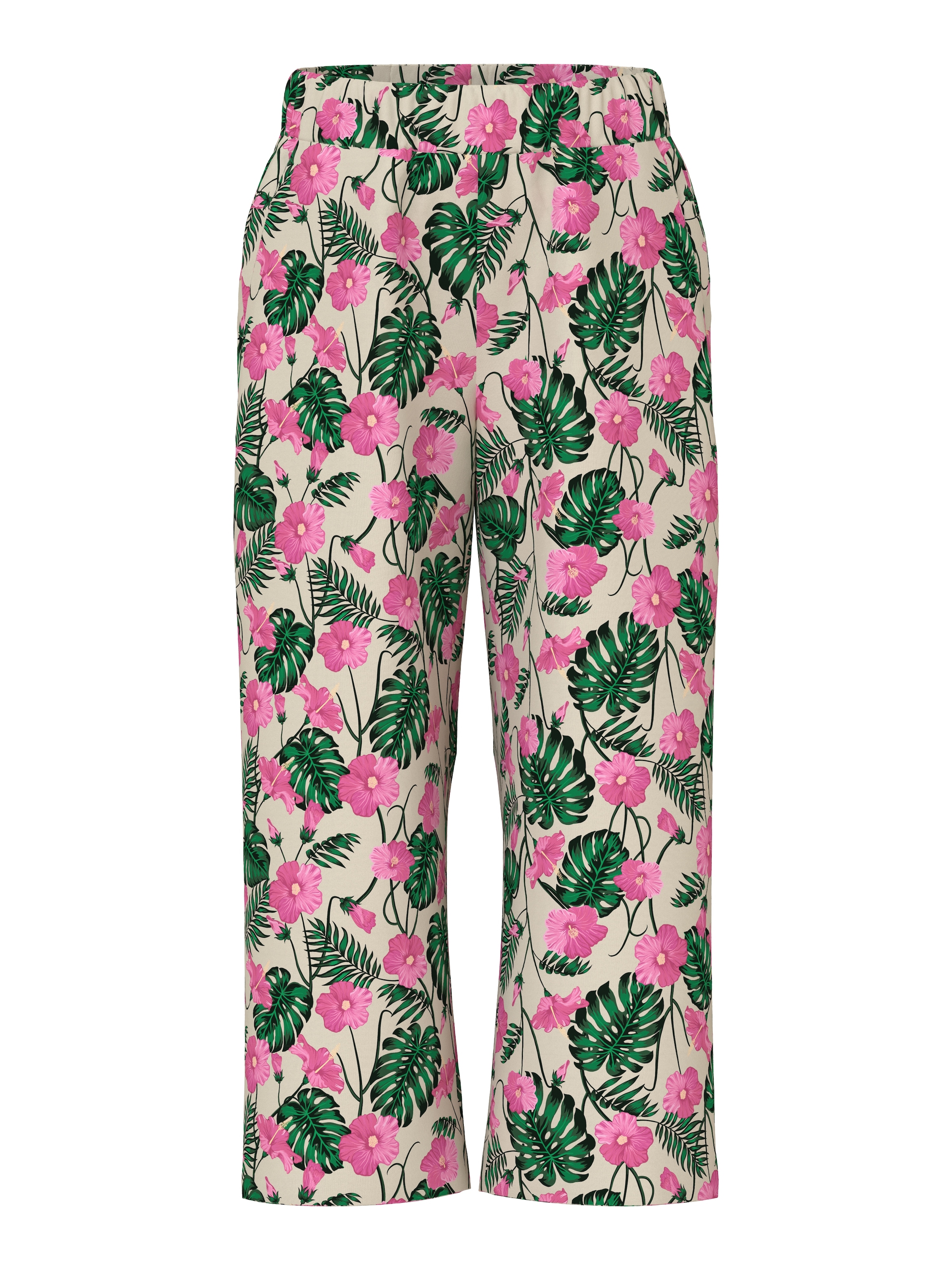 Schlupfhose NAME IT "NKFVINAYA 7/8 WIDE PANT", Mädchen, Gr. 158, N-Gr, summer sand aop:hibiscus, Web, Obermaterial: 98% Polyester, 2% Elasthan, bedruckt, loose fit normal, Hosen Schlupfhose, in 7/8 Länge