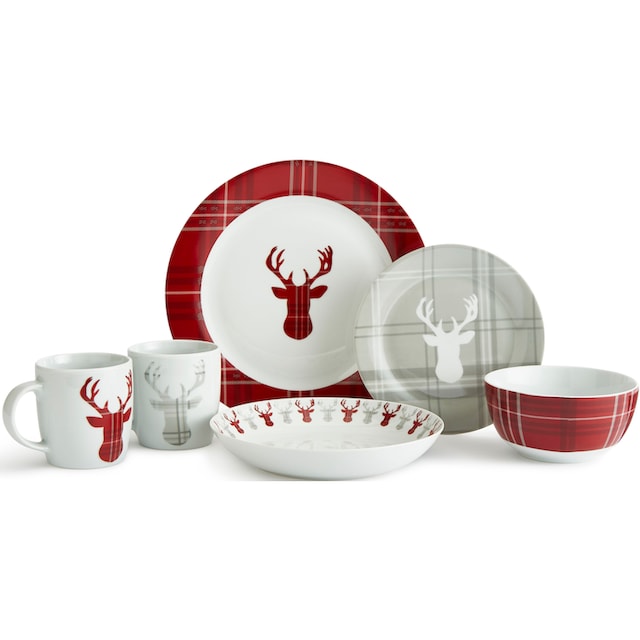 Retsch Arzberg Kombiservice »Geschirr-Set, Service HIGHLAND STAG, Winter,  Advent, Weihnachten«, (Set, 30 tlg.), Hirsch trifft Schottenkaro, 30 Teile,  für 6 Personen | BAUR