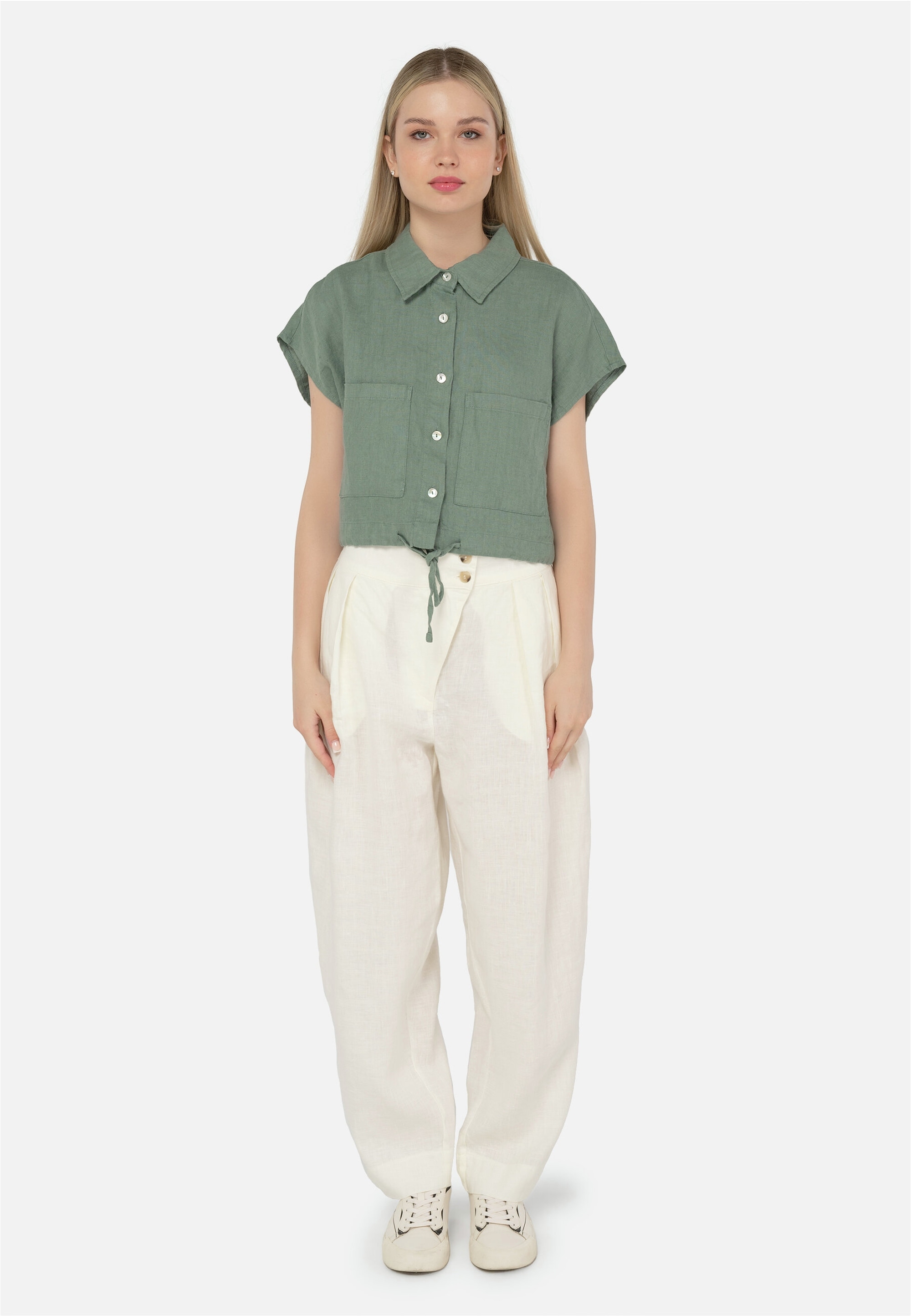 Klassische Bluse FRESHLIONS "Savannah", Damen, Gr. M, grün, 100% Leinen, unifarben, normal, Blusen, mit lockerer Passform