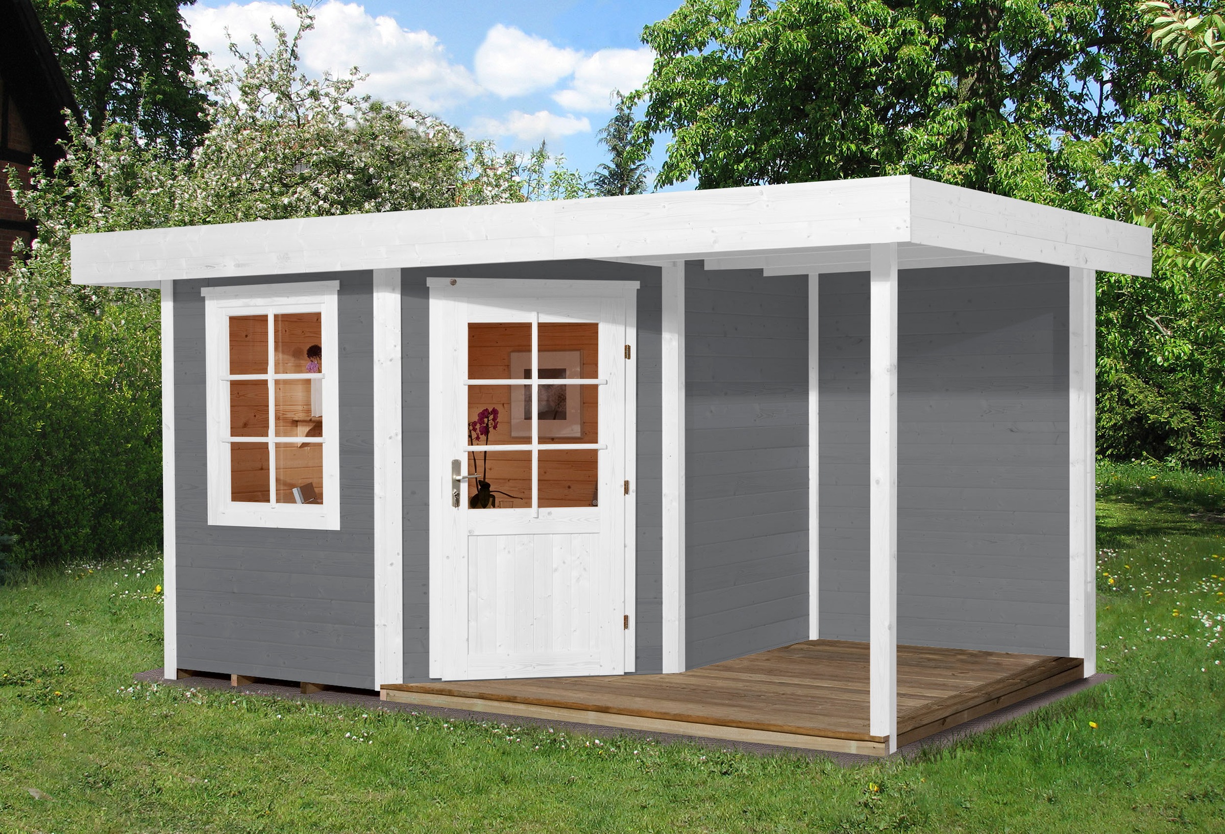 weka Gartenhaus "Designhaus 213 Plus" mit Anbaudach und Rückwand