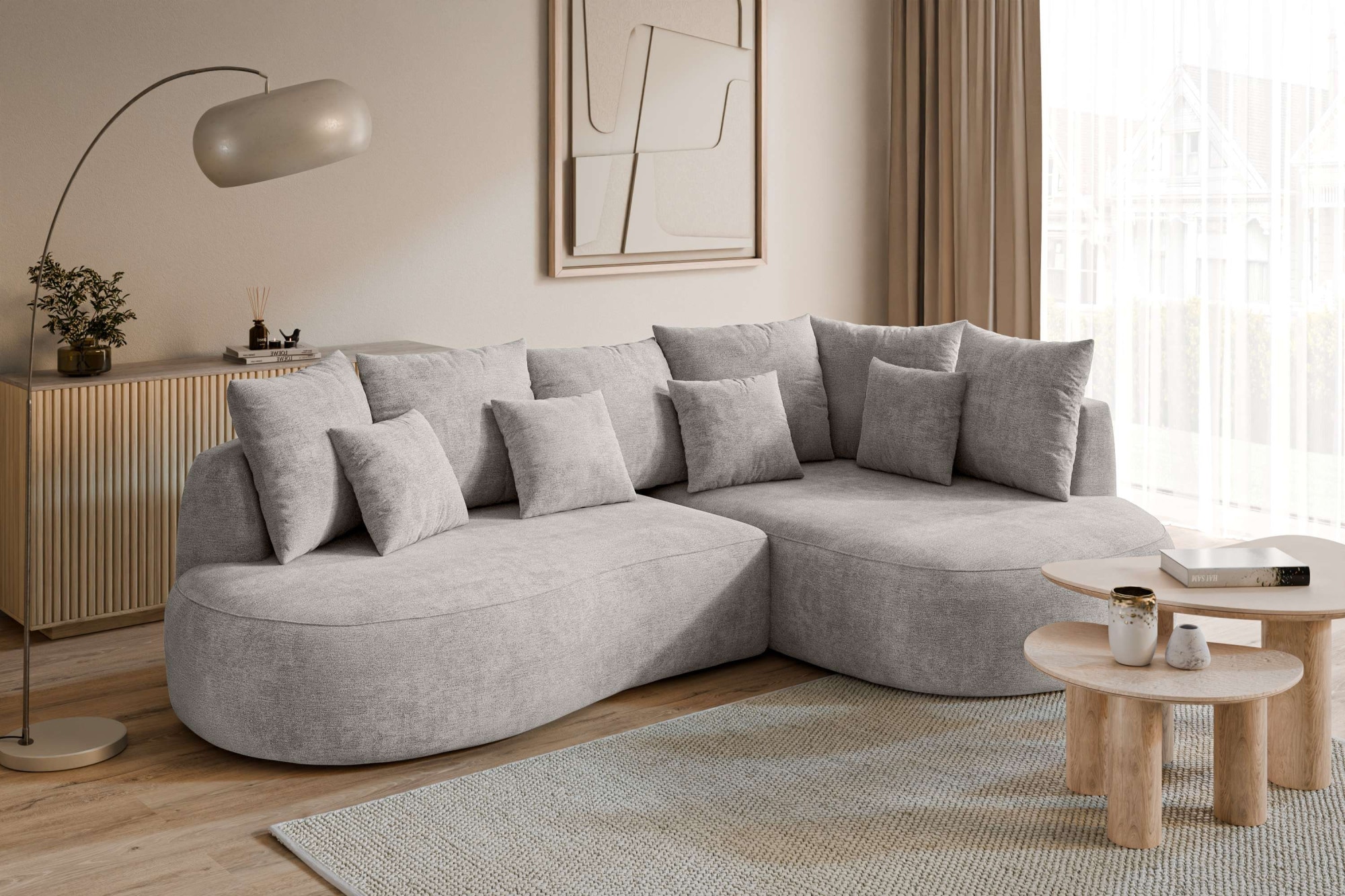 homsy by Ana Johnson Ecksofa "PEBBLA L-Form mit vielen Kissen, modernes Design, Bezug- Struktur" Breite 267 cm, Design-Sofa mit Ottomane recht/links bestellbar