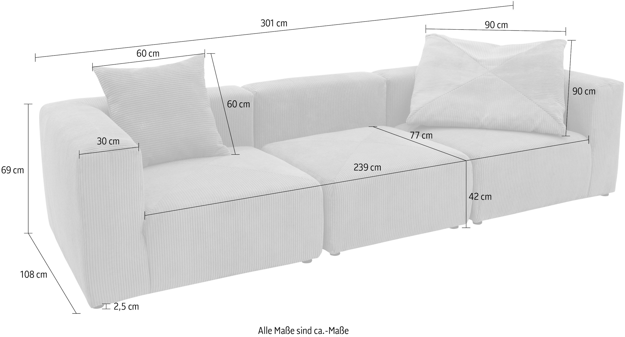 RAUM.ID Big-Sofa »Gerrid«, Cord-Bezug, bestehend aus Modulen: 2 Eck- und  ein Mittelelement | BAUR