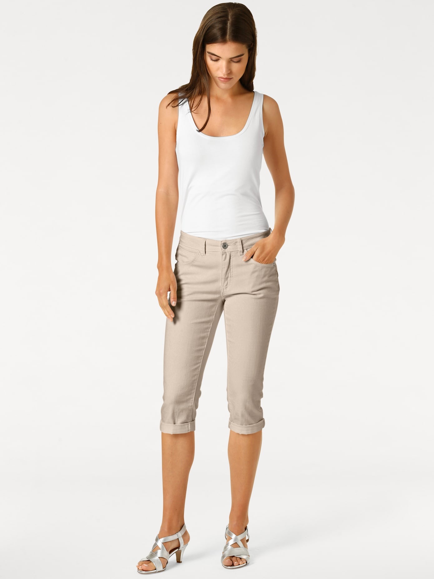 3/4-Hose HEINE, Damen, Gr. 48, Normalgrößen, beige (sand), 98% Baumwolle, 2% Elasthan, unifarben, knielang, Hosen 3