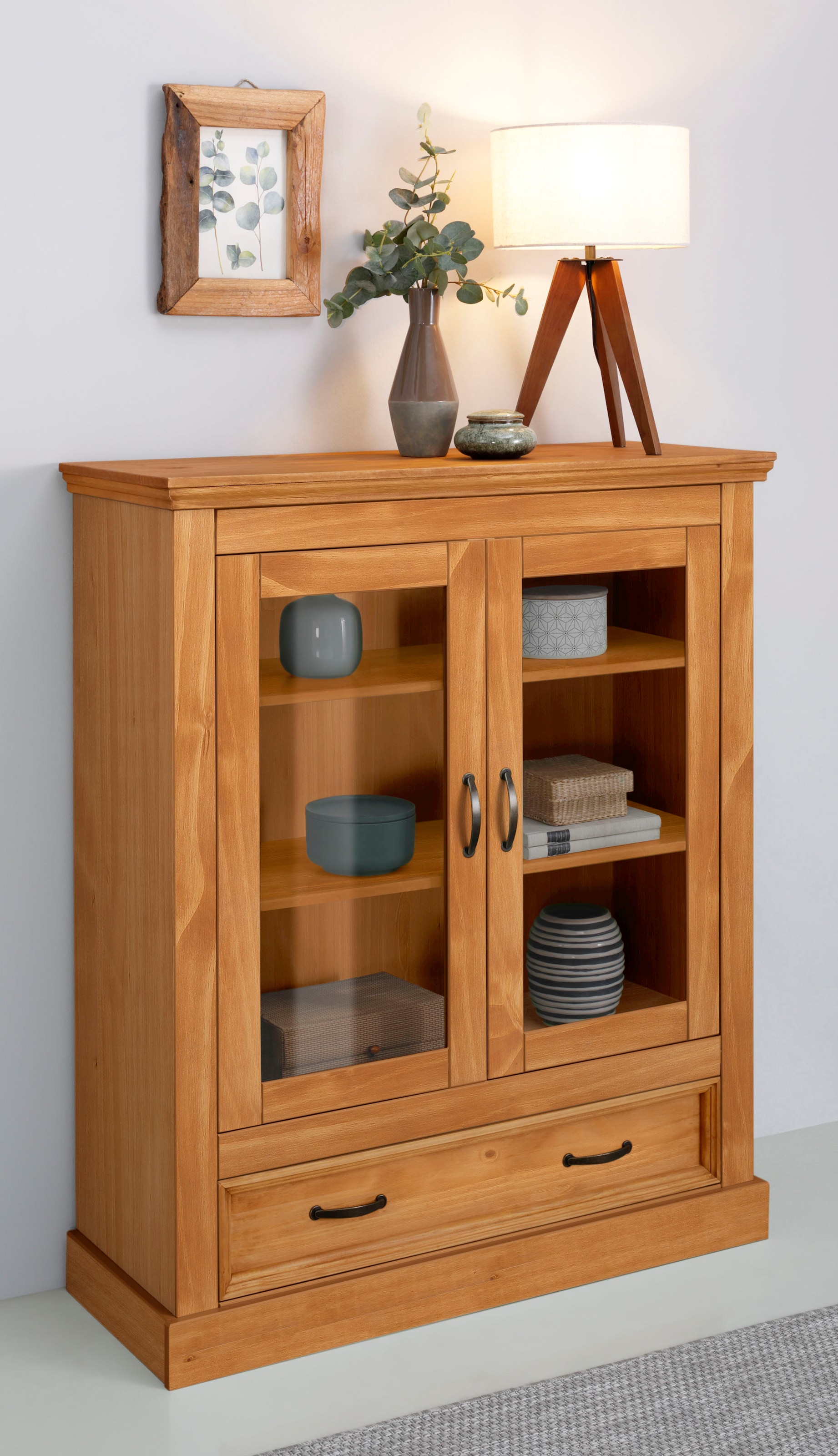 Vitrine OTTO HOME, B:100cm H:120cm T:38cm, beige, Glas, MDF, Massivholz, Wohnzimmer, Schränke, "Selma Highboard", aus massivem Kiefernholz, mit