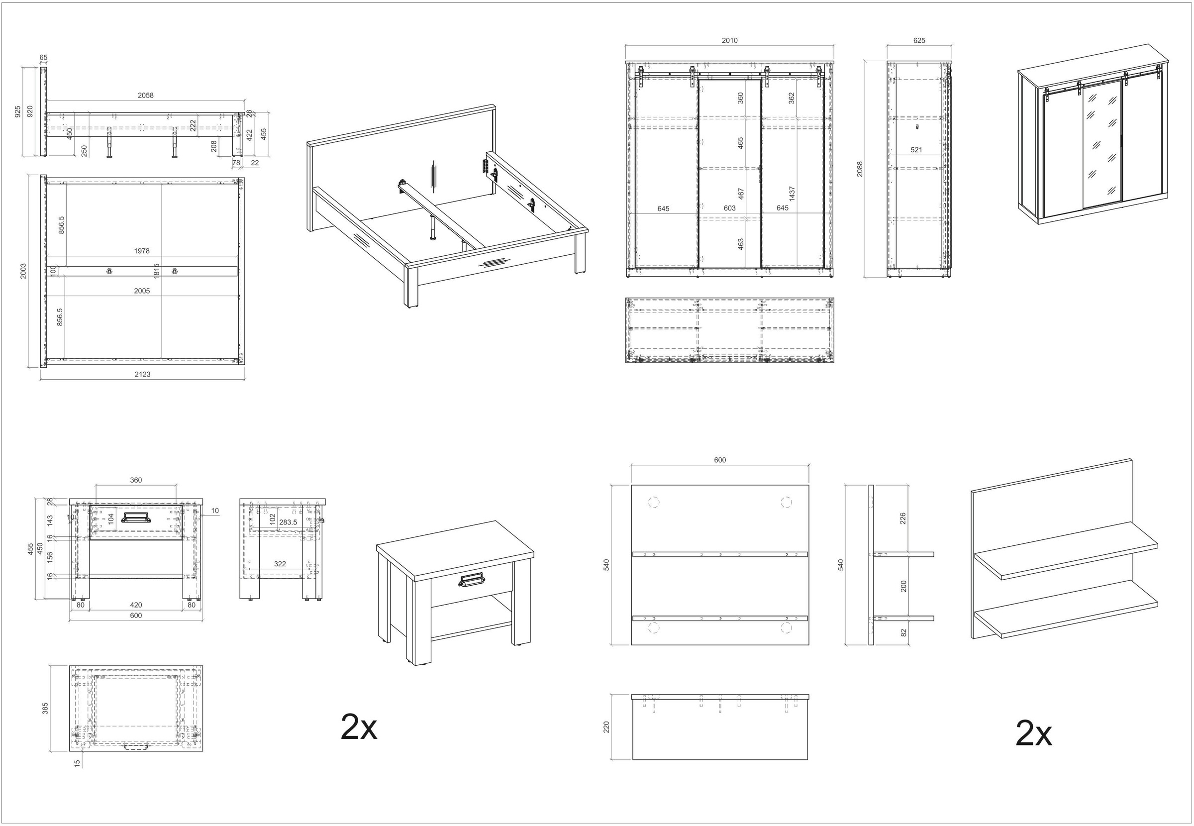 Home affaire Schlafzimmer-Set »SHERWOOD«, (6 St.), Liegefläche 180x200cm, Schrank 3-trg. 201cm breit