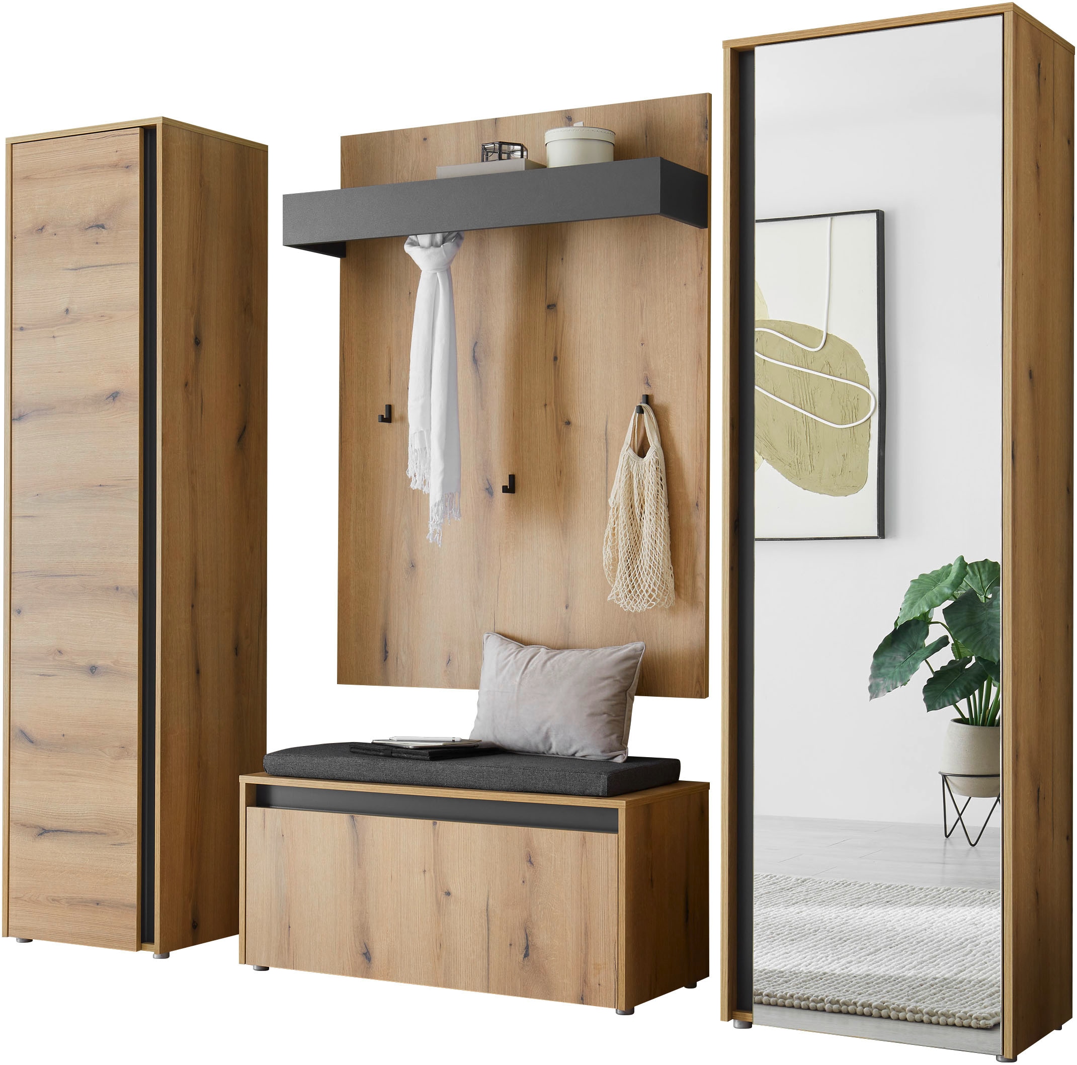 INOSIGN Garderoben-Set »GIRON/CiTY, moderne Garderobe, Komplettset mit viel Stauraum«, (Komplett-Set, 4 St.), enthält Garderobenschränke, Paneel & Schuhbank +Sitzkissen
