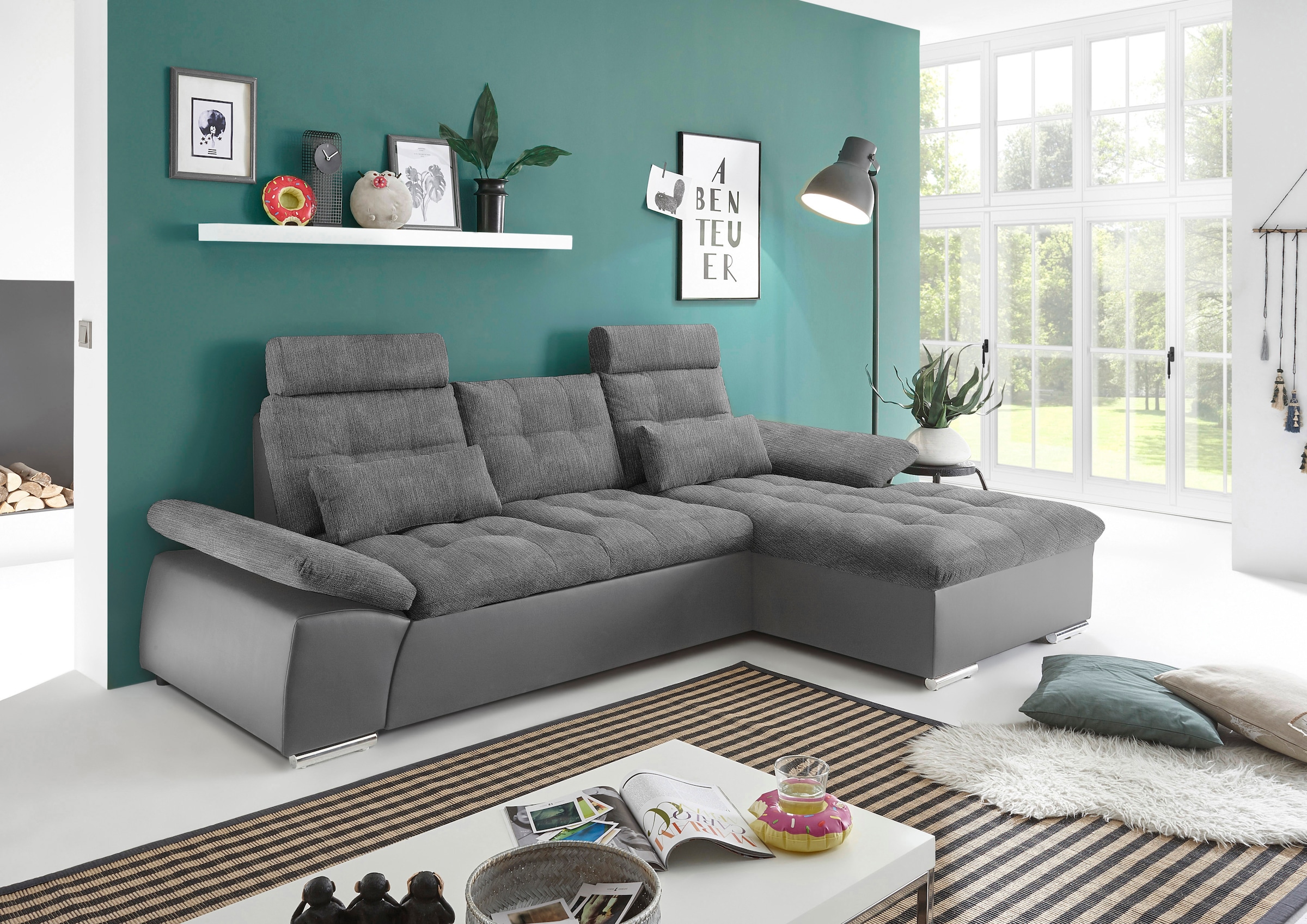 ED EXCITING DESIGN Ecksofa »Jakarta L-Form«, mit Bettfunktion, Kopfstützen, Nierenkissen, Armteilverstellung