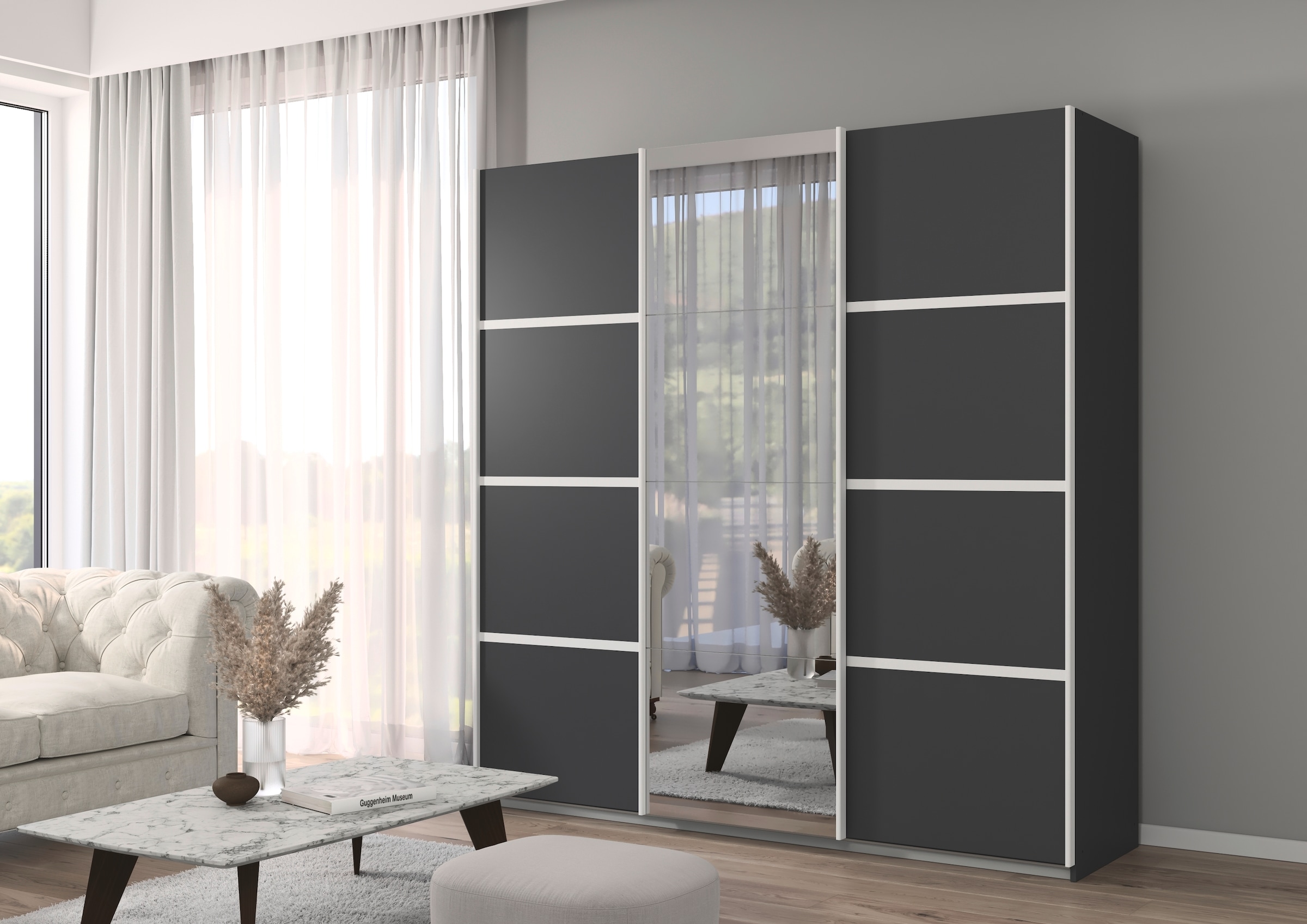 rauch Kleiderschrank »Schwebetürenschrank OTTO´s Choice Garderobe Schrank TOP ANGEBOT Avola«, (in 3 verschiedenen Ausstattungen BASIC/CLASSIC/PREMIUM inkl. Spiegel), mit eleganten Zierleisten in Chrom, Schwarz oder Weiß MADE IN GERMANY