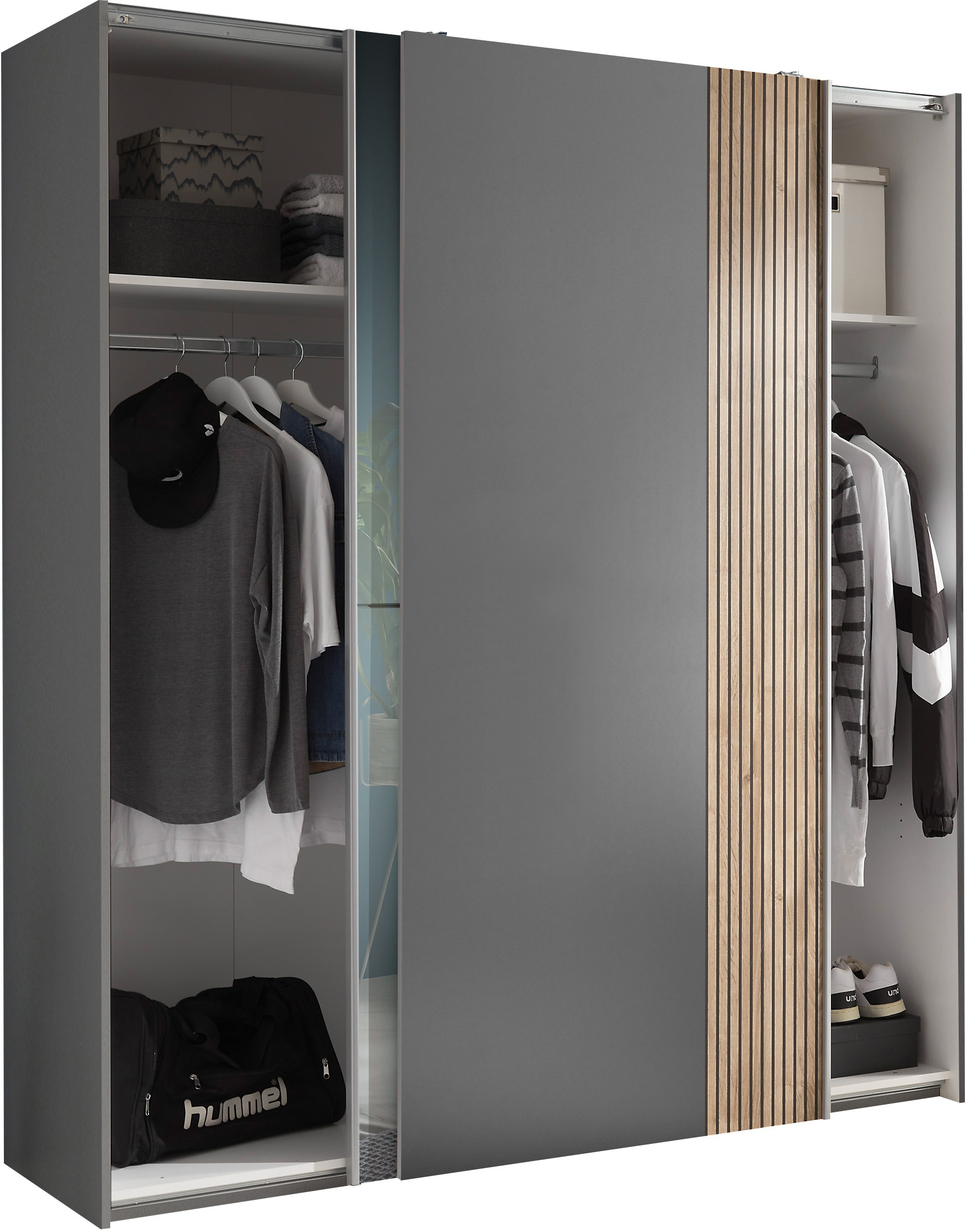 Schlafkontor Schwebetürenschrank »Berno Kleiderschrank mit Schiebetüren und Spiegelfront«, Rillenoptik & Graphitabsetzung
