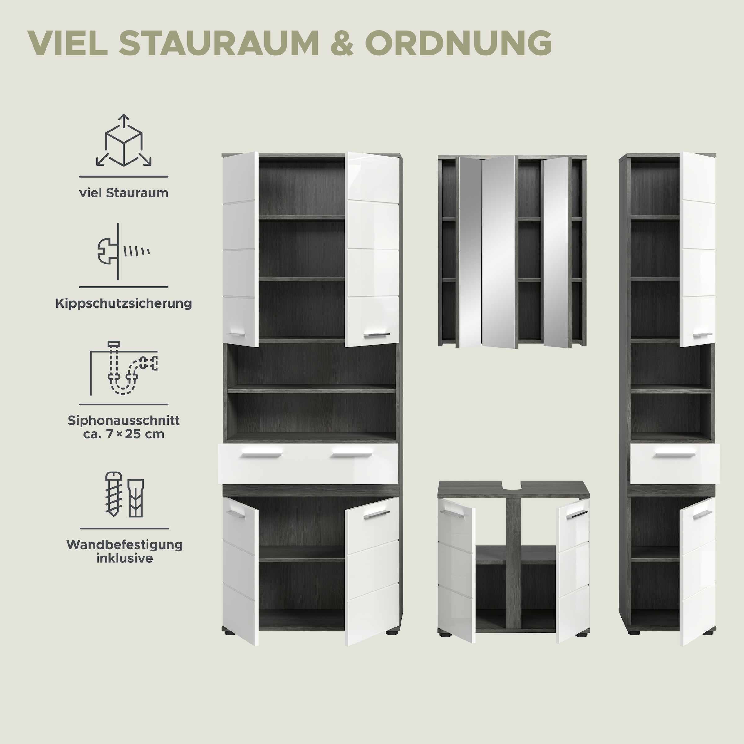 welltime Badmöbel-Set »LUCCA, 4-tlg. Badkombination, viel Stauraum, modernes Design« 4 Stk. tlg.