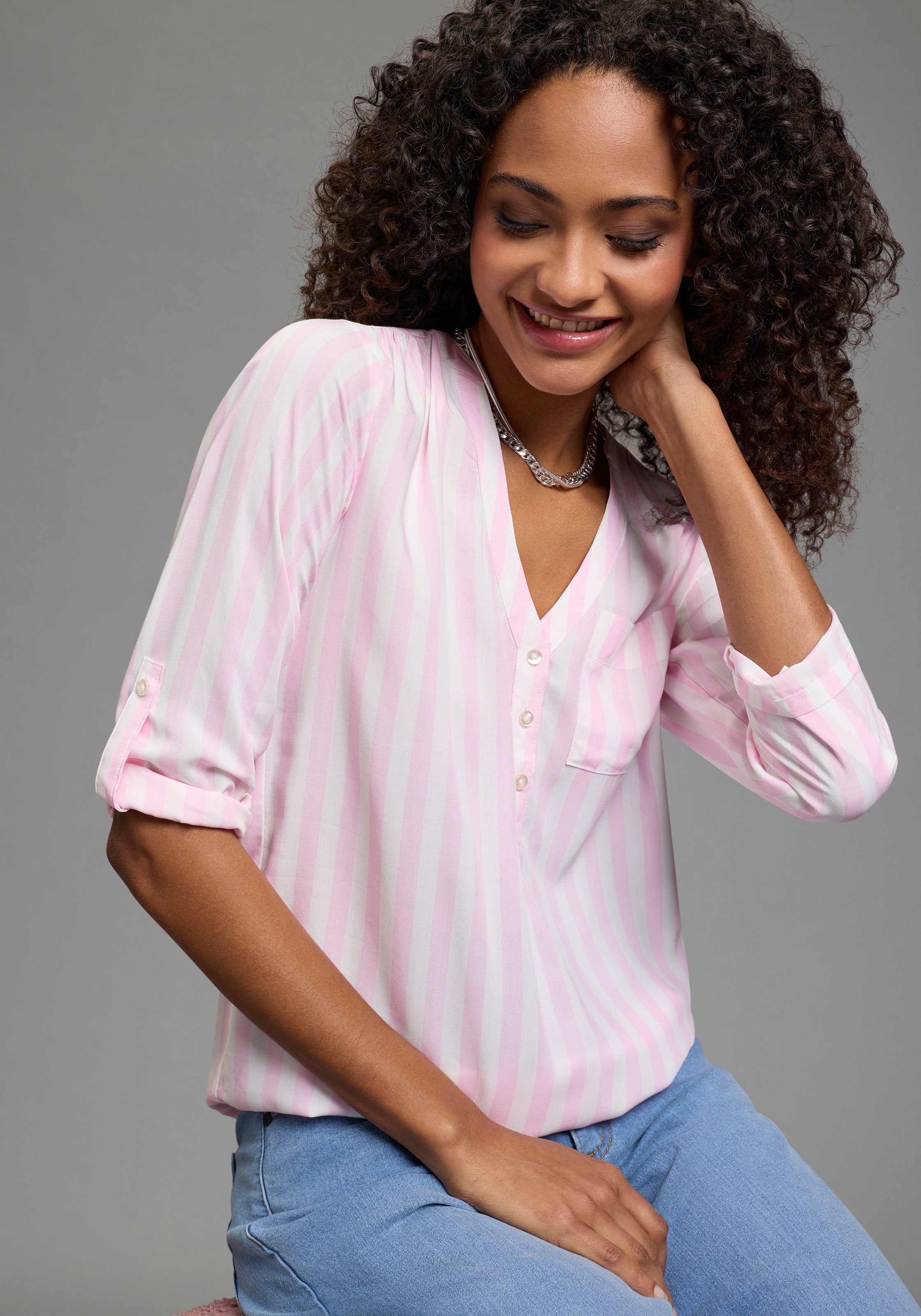 Thumbnail - Laura Scott Schlupfbluse gestreifte Langarmbluse, mit Stehkragen, V-Ausschnitt