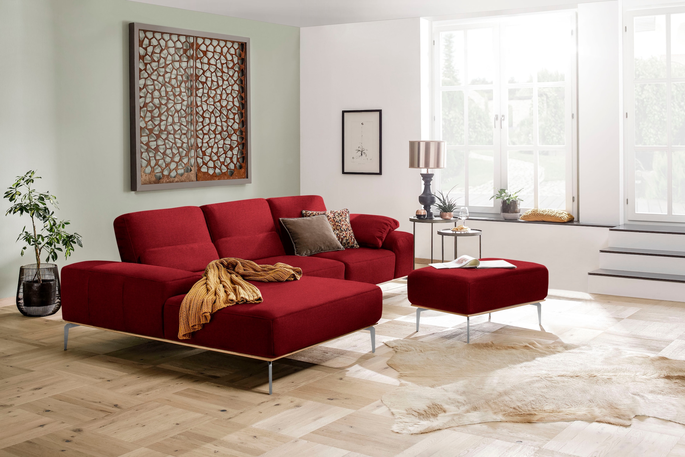 W.SCHILLIG Polsterhocker »run« mit elegantem Holzsockel, Füße in Chrom glänzend, Breite 75 cm