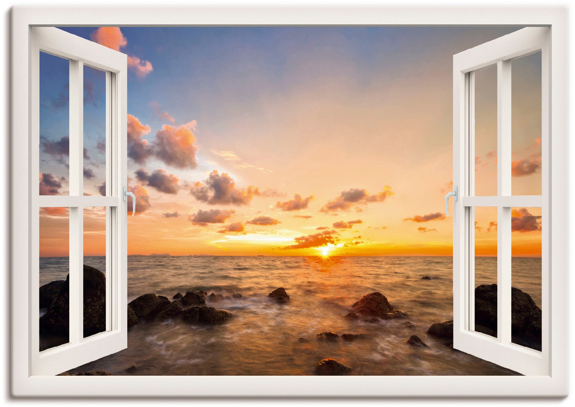 Artland Wandbild "Fensterblick Sonnenuntergang am Meer", Fensterblick, (1 St.), als Alubild, Outdoorbild, Leinwandbild, 